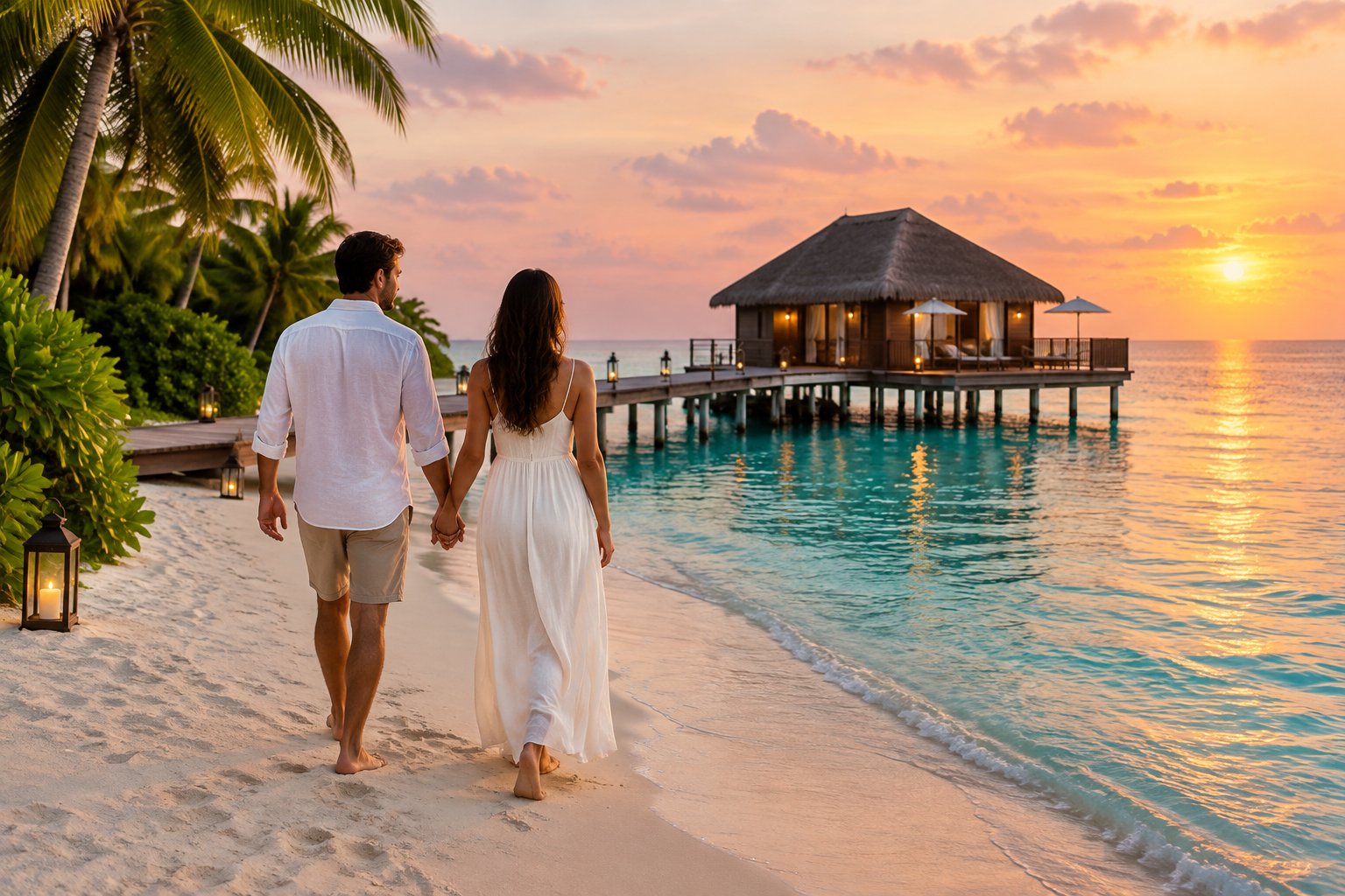 A couple walks hand in hand along a tropical beach toward an overwater resort.