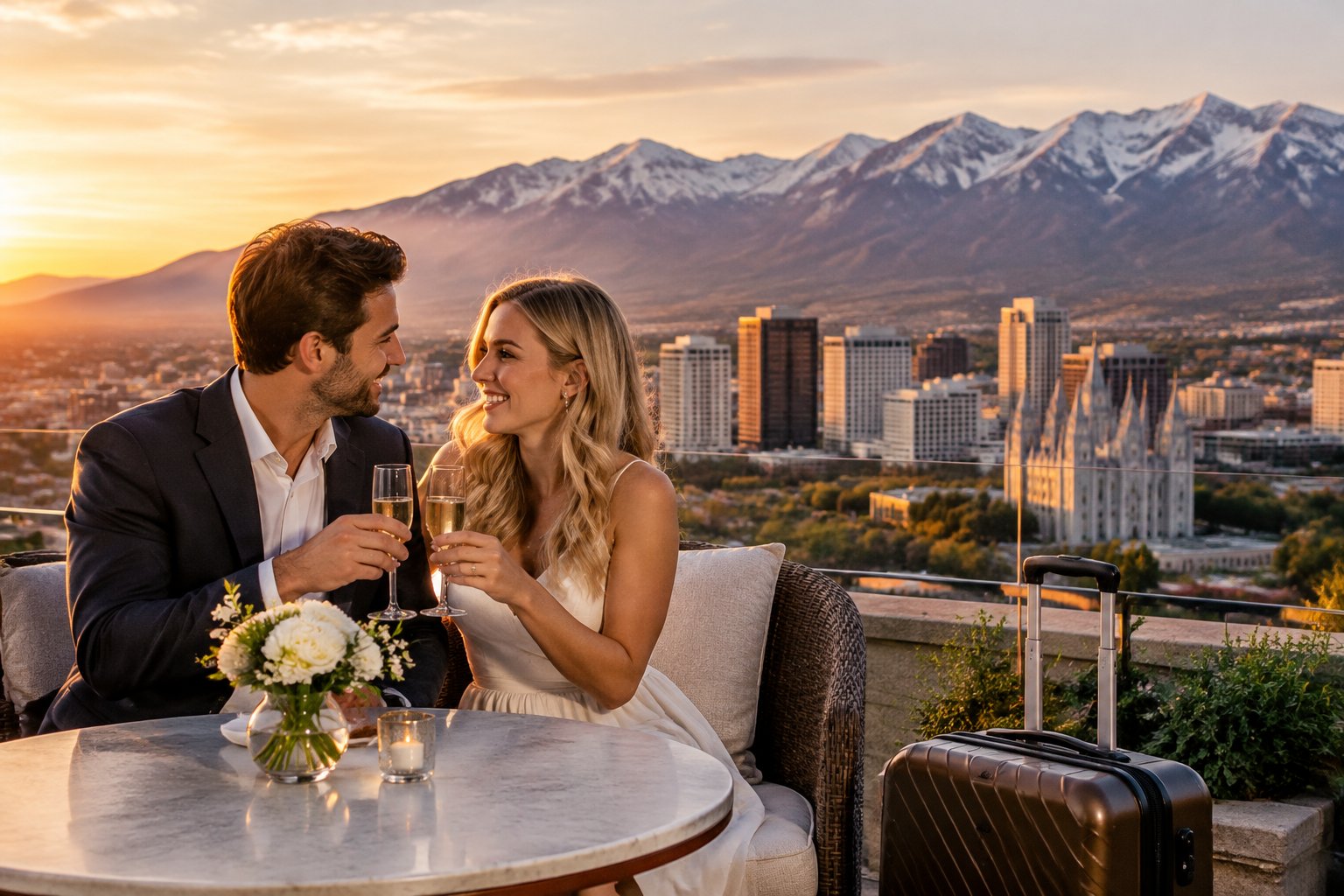 A newlywed couple shares a romantic moment on a terrace overlooking Salt Lake City and the mountains.