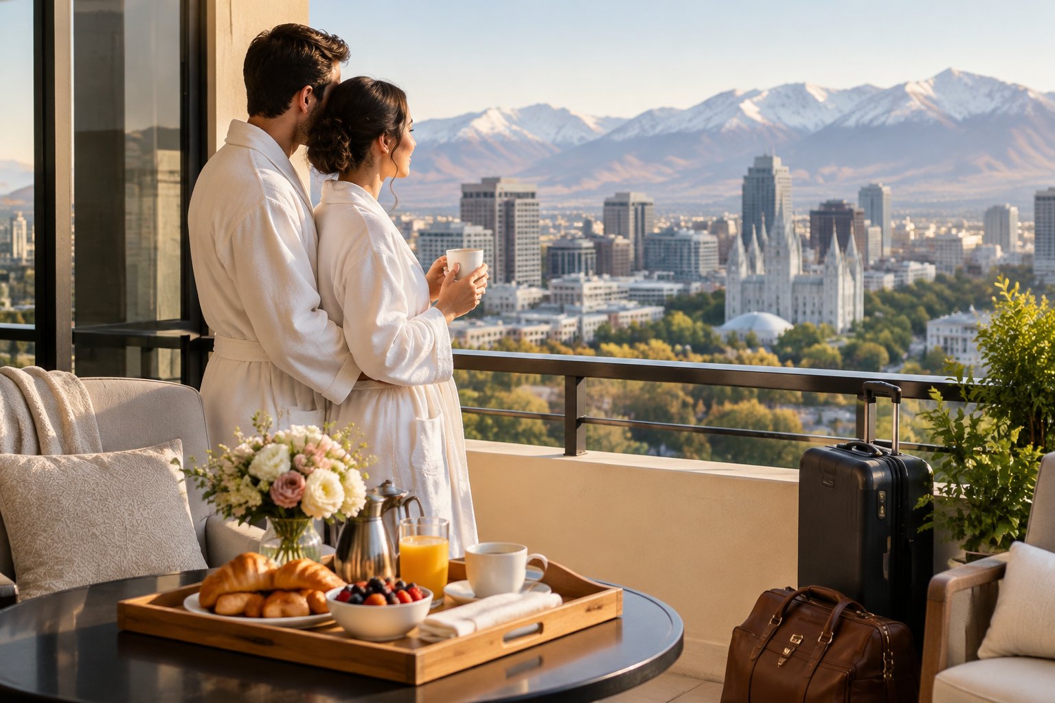 A newlywed couple relaxes on a hotel balcony overlooking Salt Lake City and the mountains.