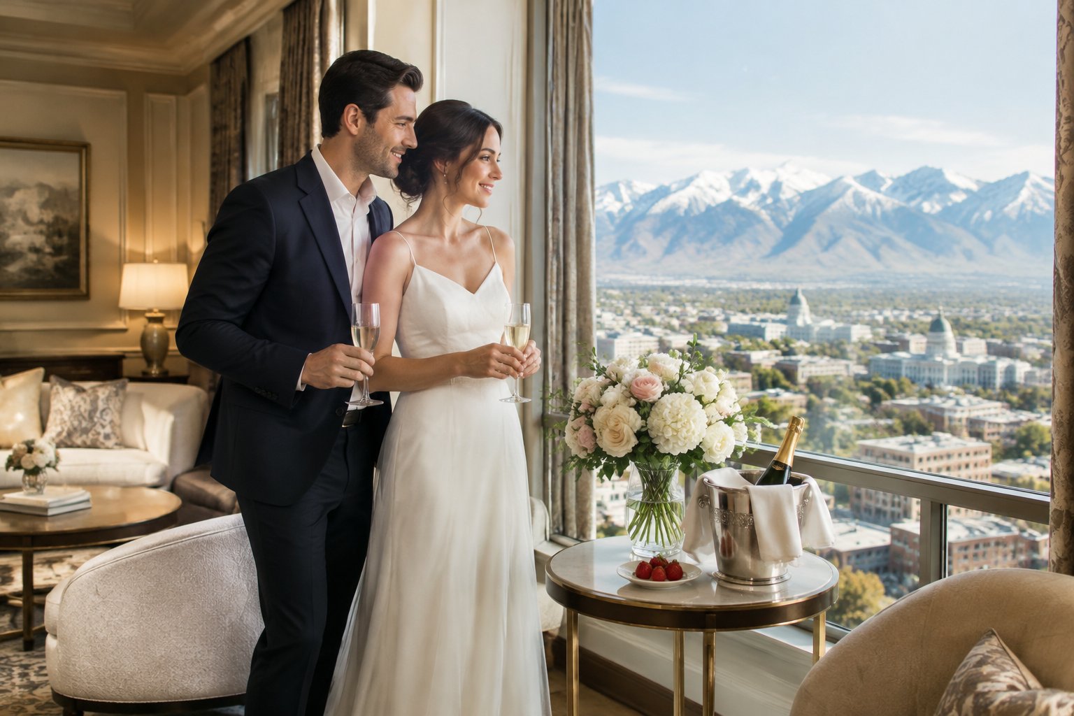 A newlywed couple shares a quiet moment in an elegant hotel suite overlooking Salt Lake City.