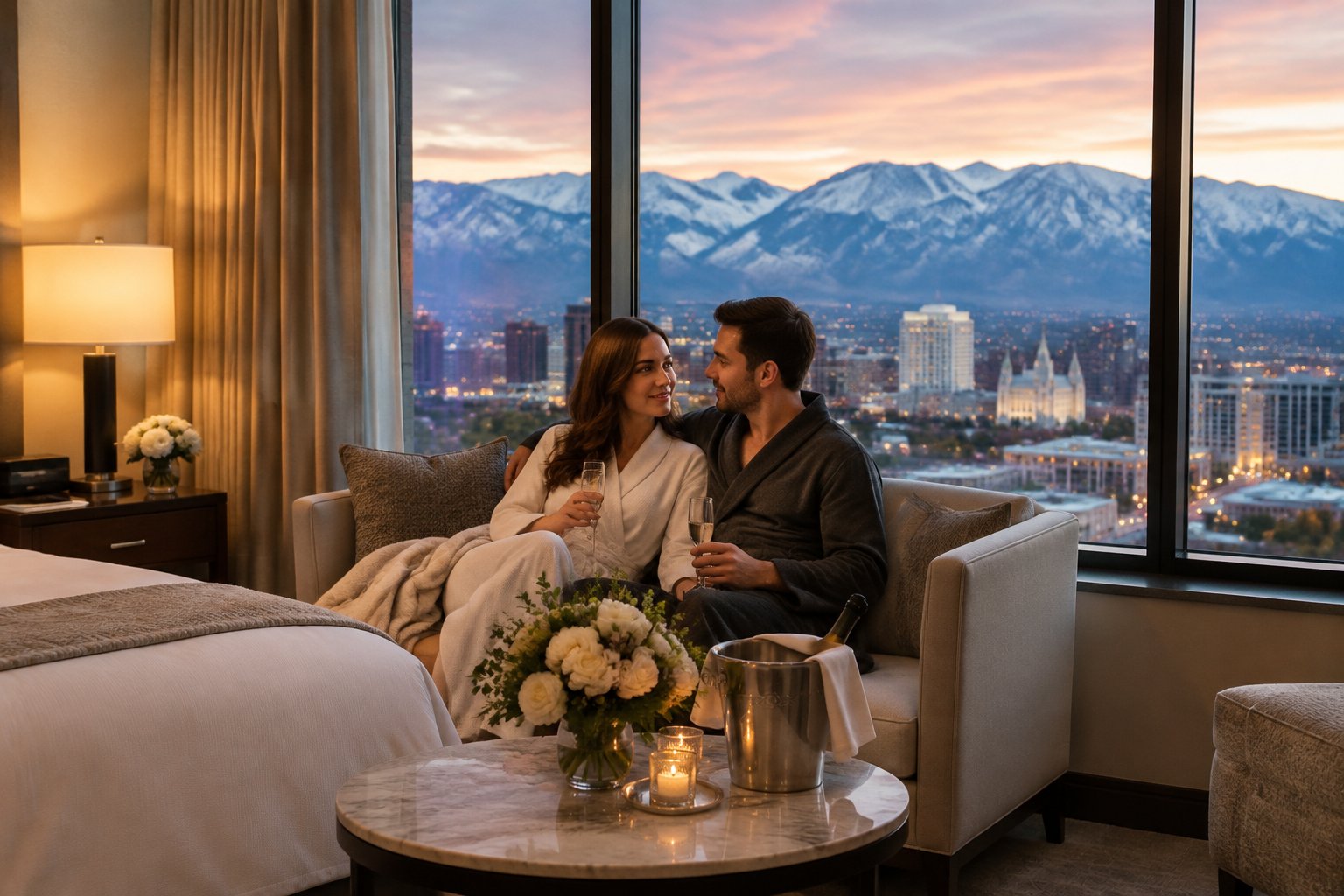 A couple relaxes together in a hotel suite overlooking Salt Lake City at dusk.