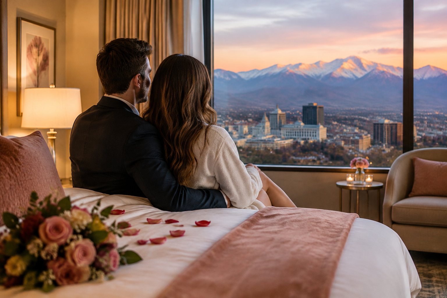 A newlywed couple relaxes together in a romantic hotel suite overlooking Salt Lake City.