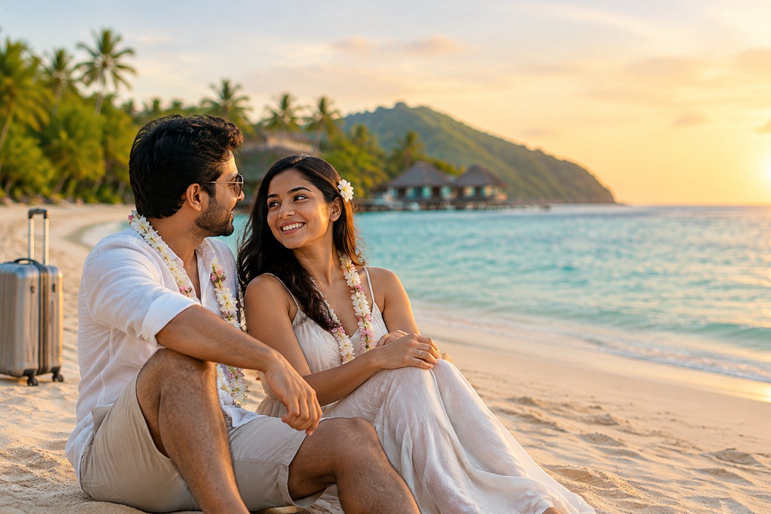 A newlywed couple relaxes together on a tropical beach.