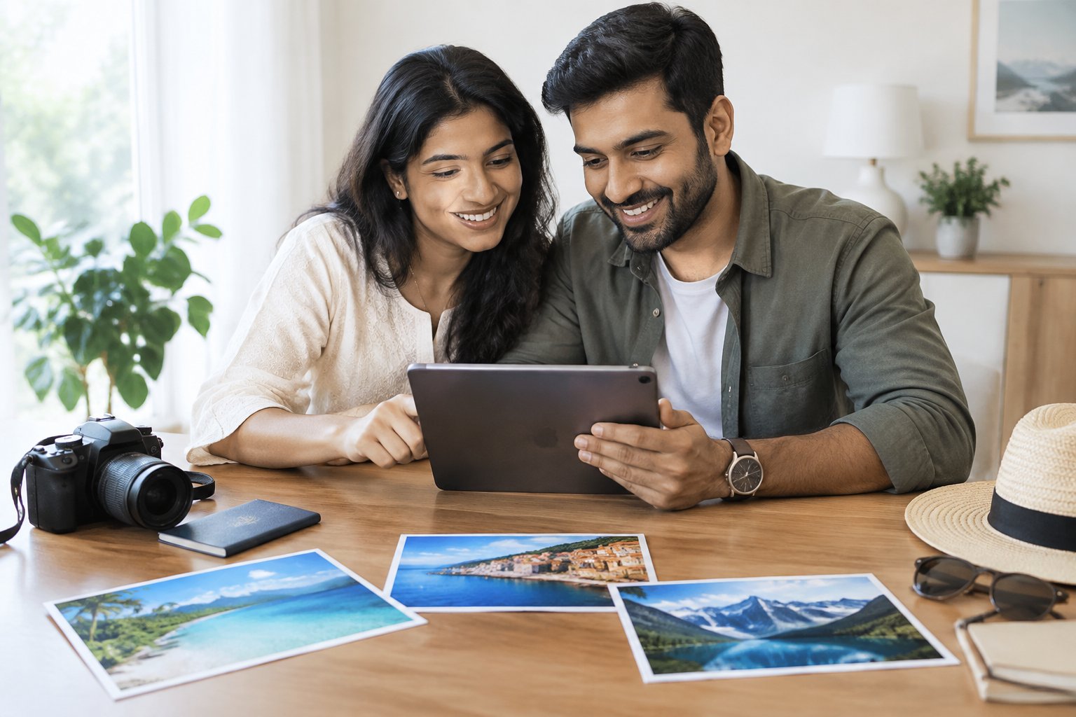 An Indian couple looks at travel photos together while planning a honeymoon.