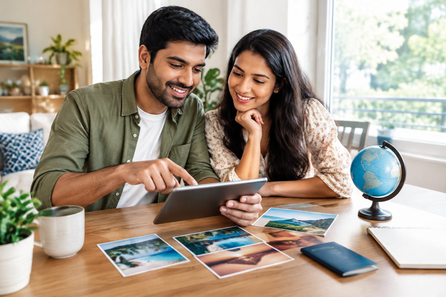 A couple compares travel photos together at a table.