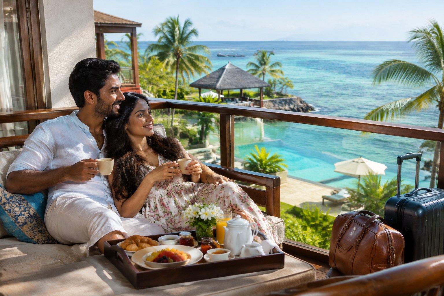 A newlywed couple enjoys breakfast on a resort balcony overlooking the ocean.