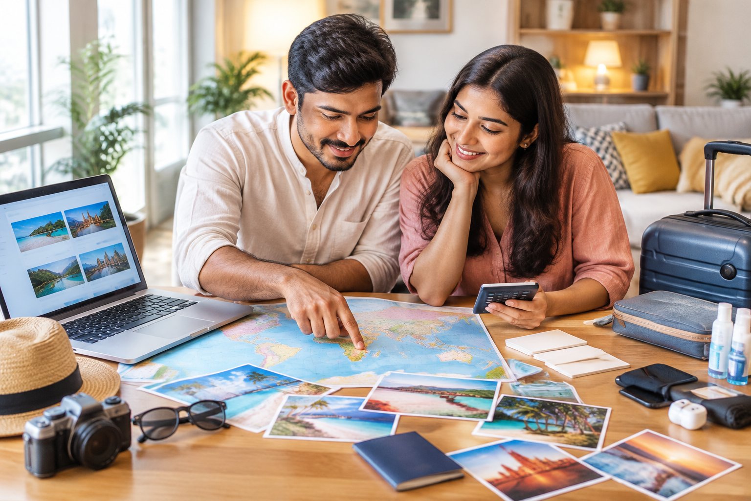 A newlywed couple plans an overseas honeymoon together at a desk with a map, laptop, and suitcase.