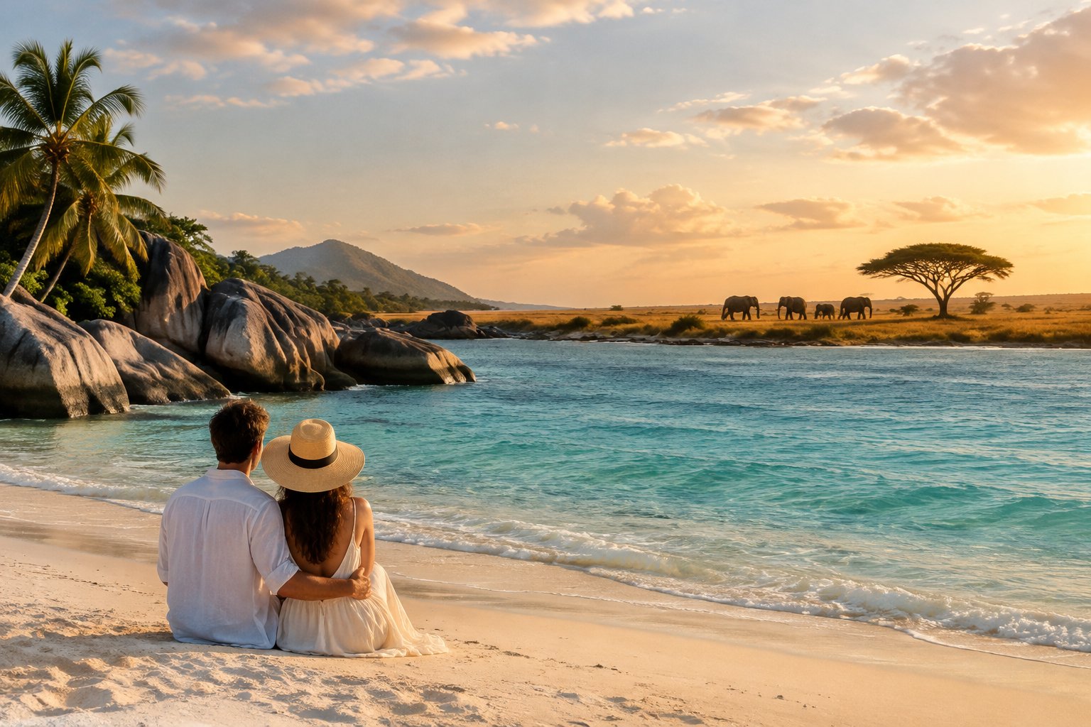 A couple stands together on a Seychelles beach as elephants cross a distant Kenyan savanna.