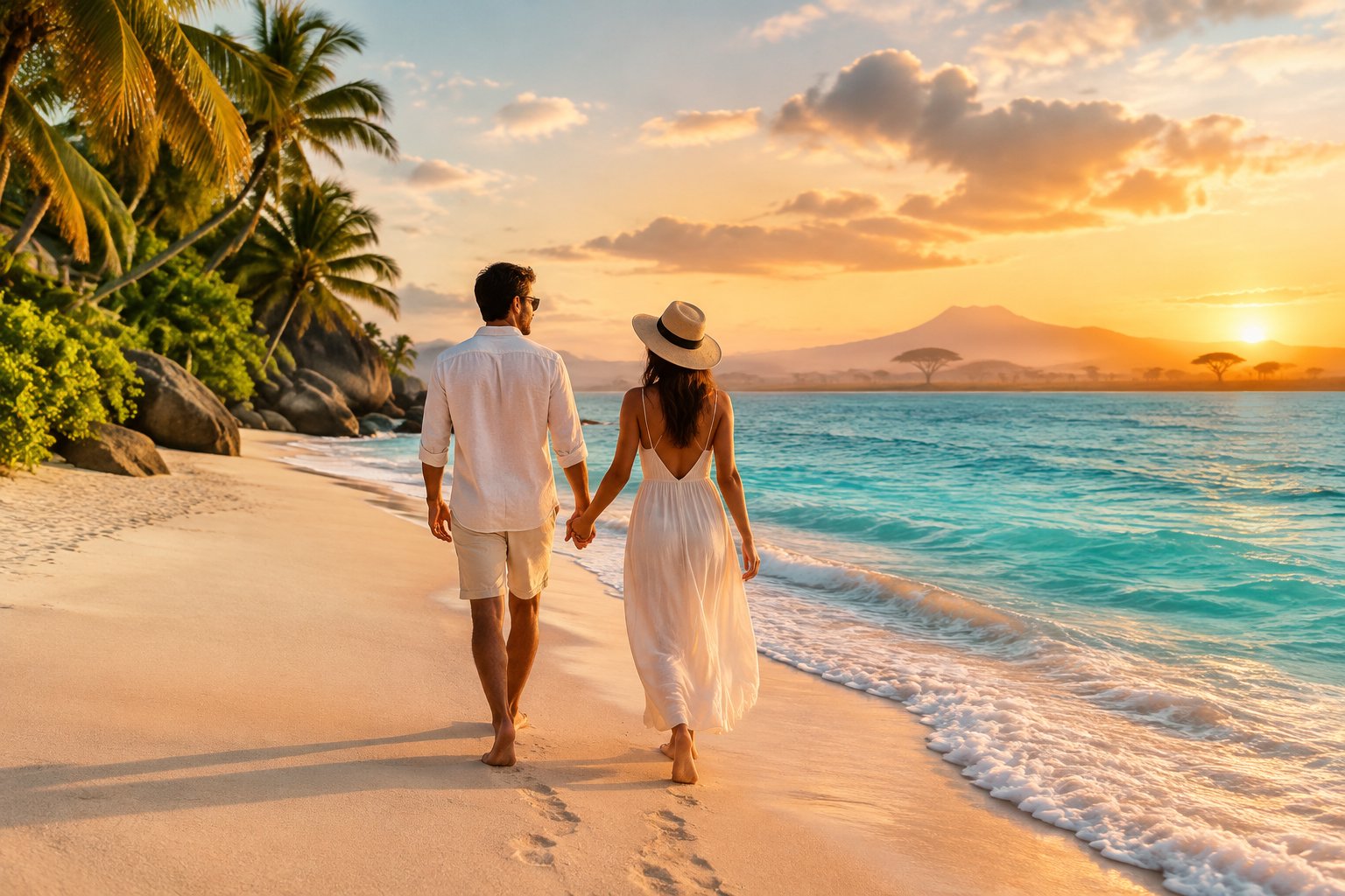 A newlywed couple walks hand in hand along a tropical beach.
