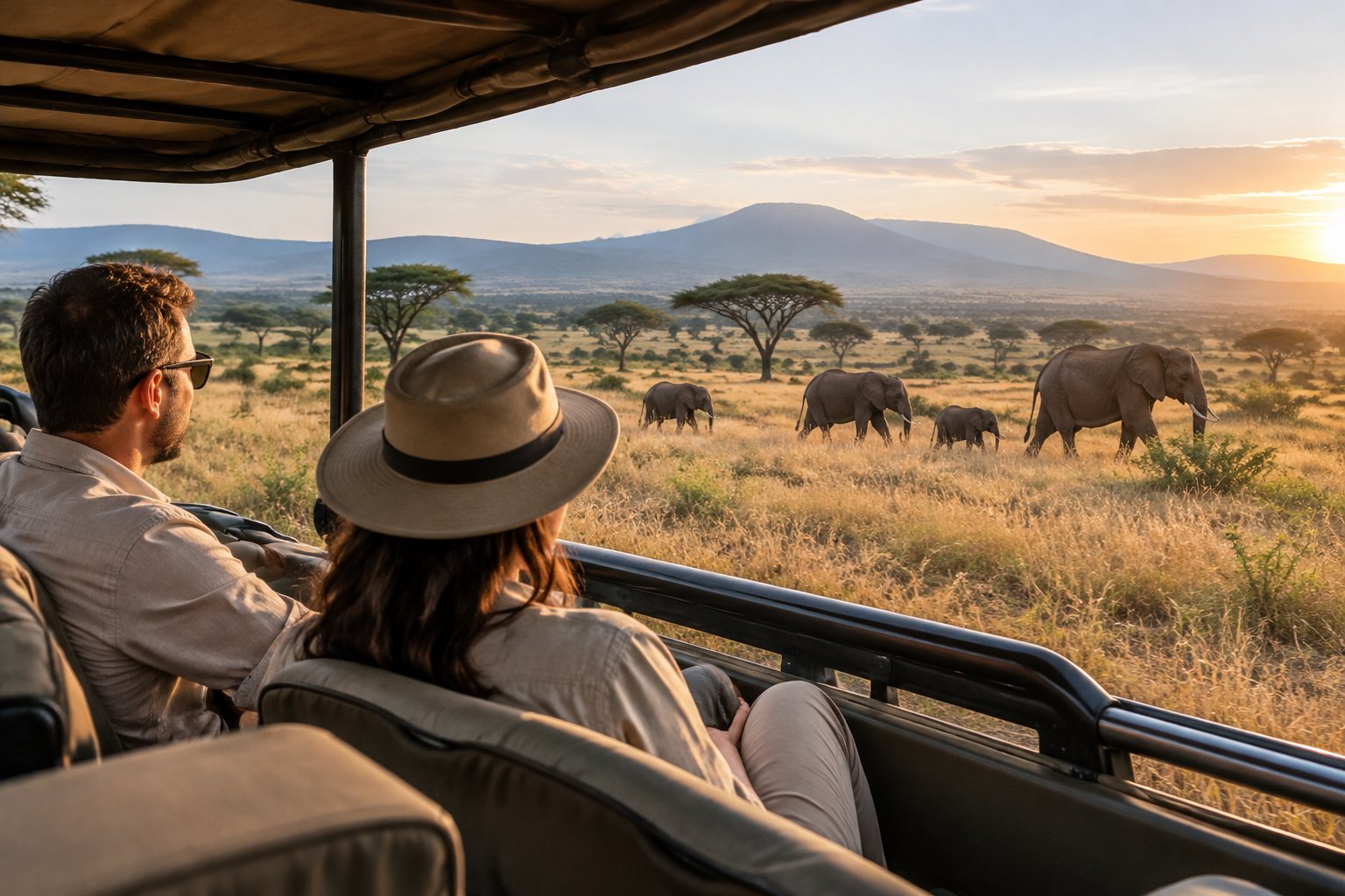 A couple in a safari vehicle watches elephants on the Kenyan savanna.