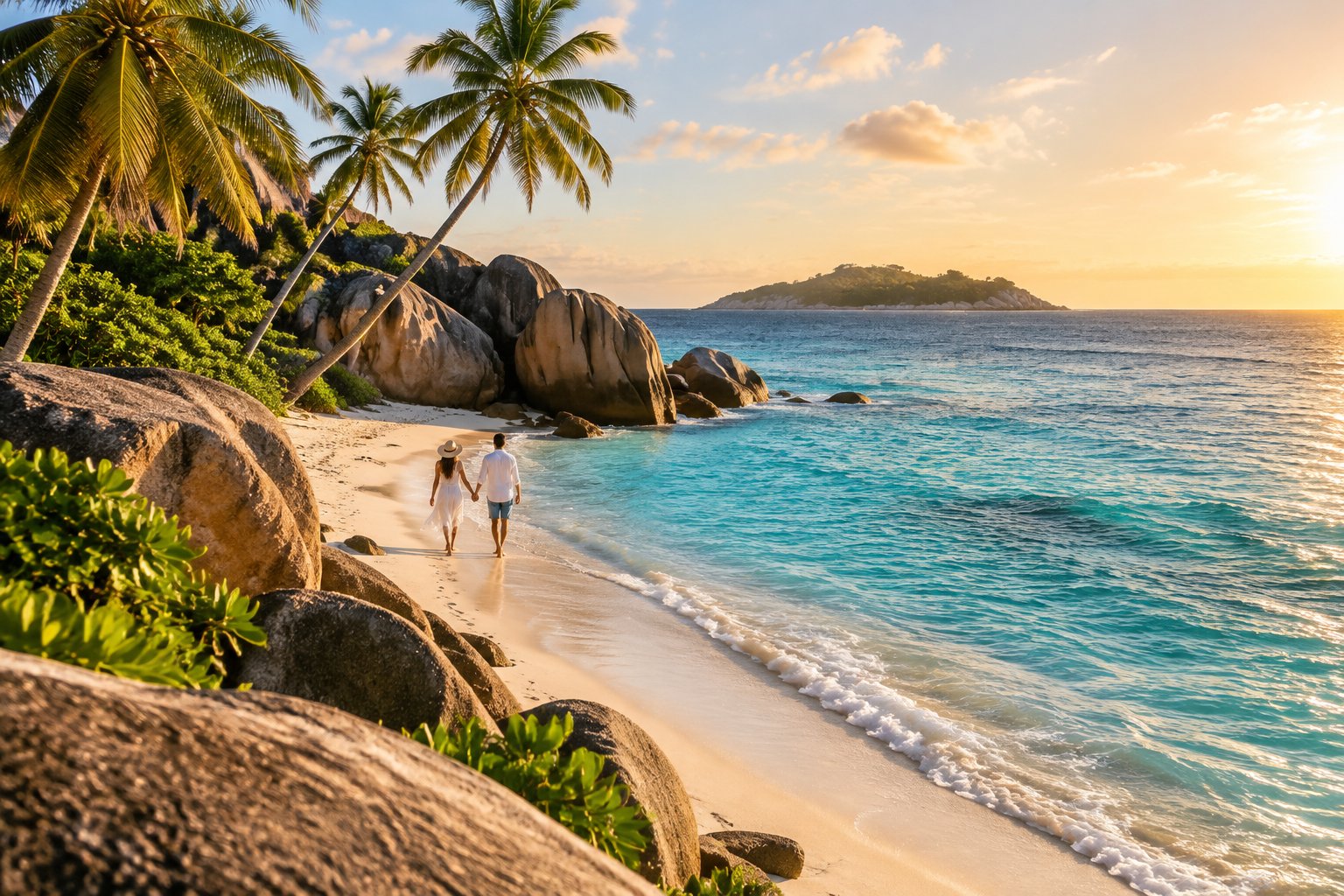 A couple walks hand in hand along a tropical beach beside granite boulders.
