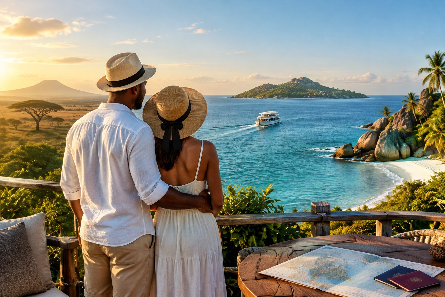 A newlywed couple looks toward a tropical island from a coastal viewpoint.