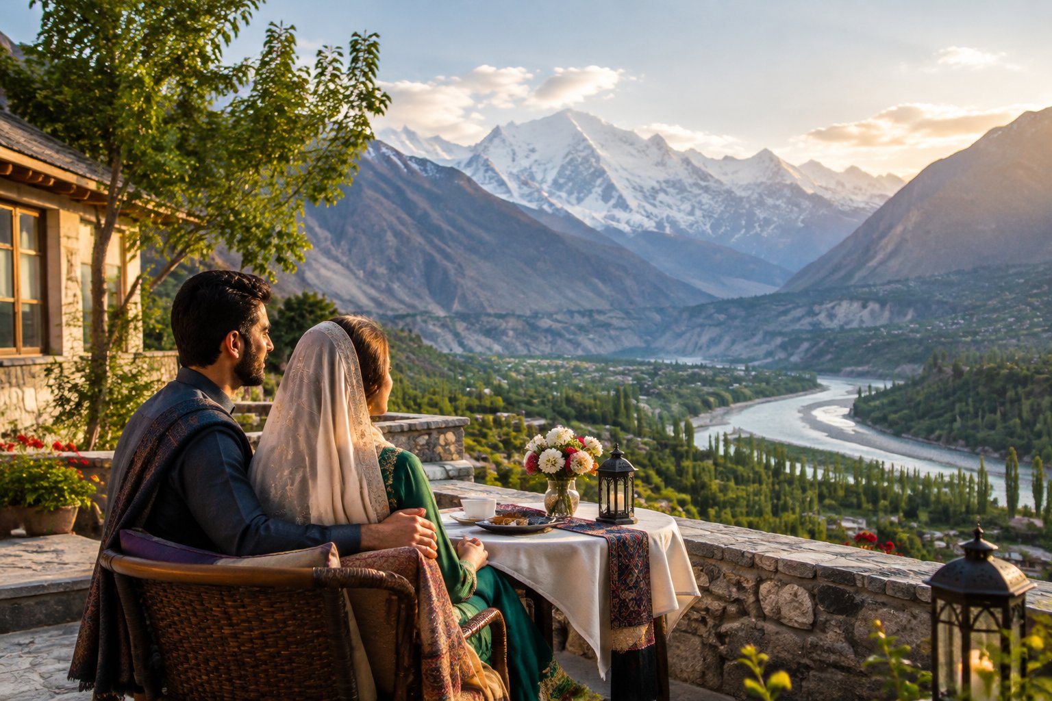 A newly married couple shares a quiet moment on a terrace overlooking a mountain valley.