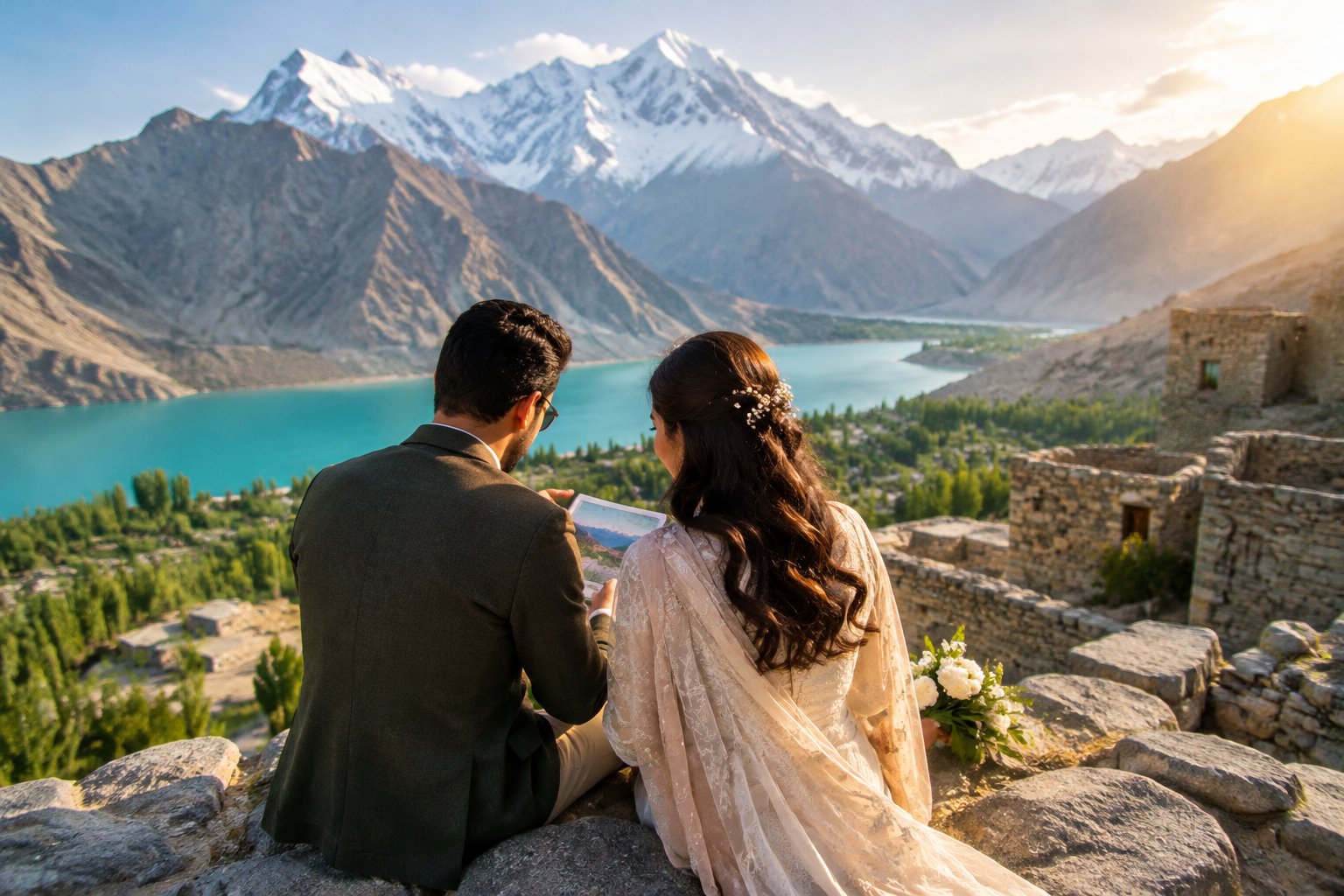A newlywed couple looks out at a mountain lake from a scenic viewpoint.