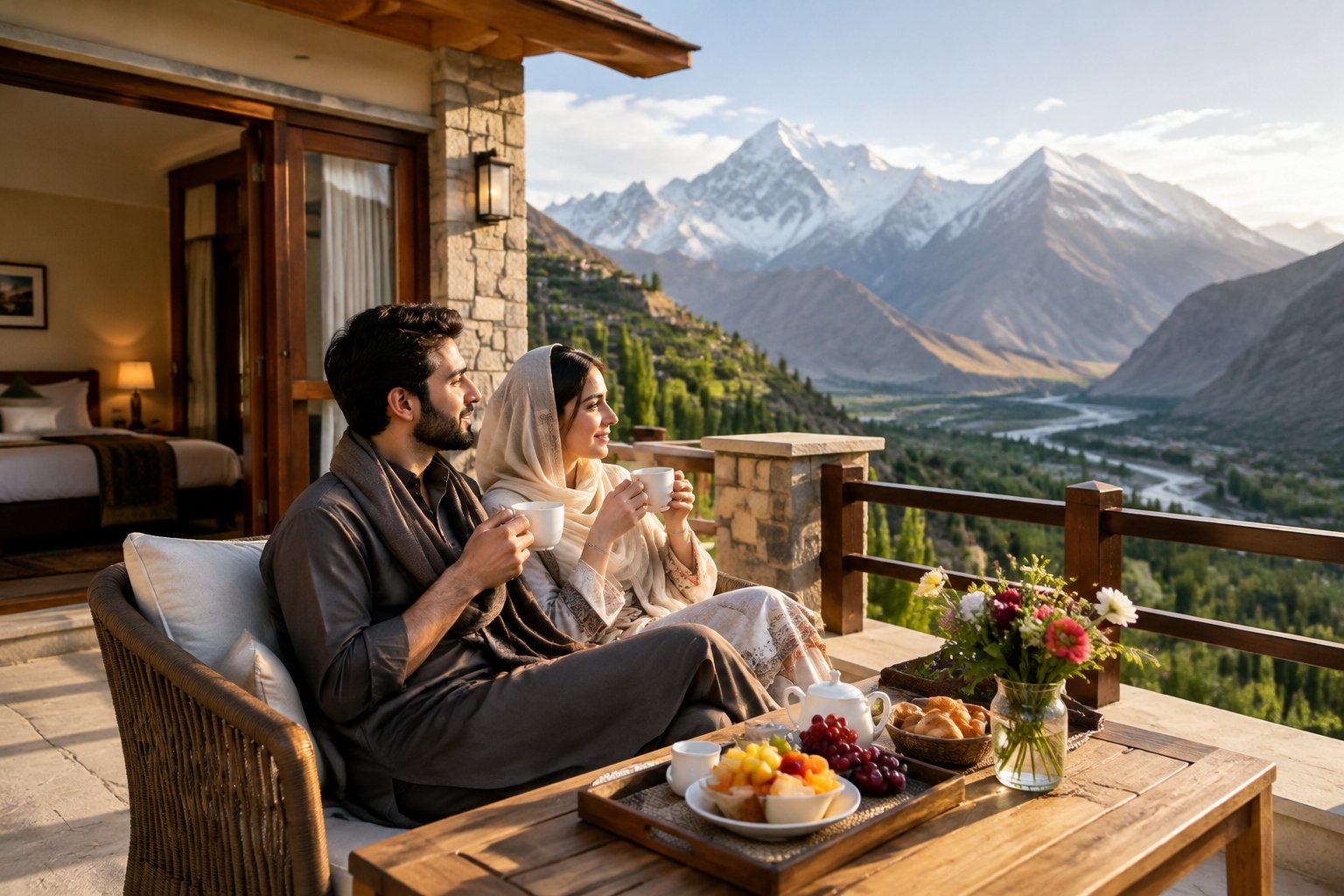 A newlywed couple shares a drink on a terrace overlooking a mountain valley in Pakistan.