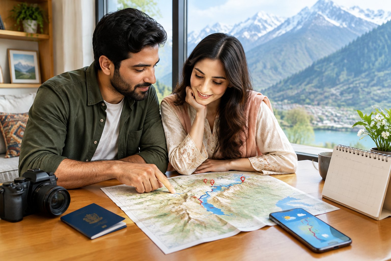 A newlywed couple plans a trip across northern Pakistan at a desk beside a mountain view.