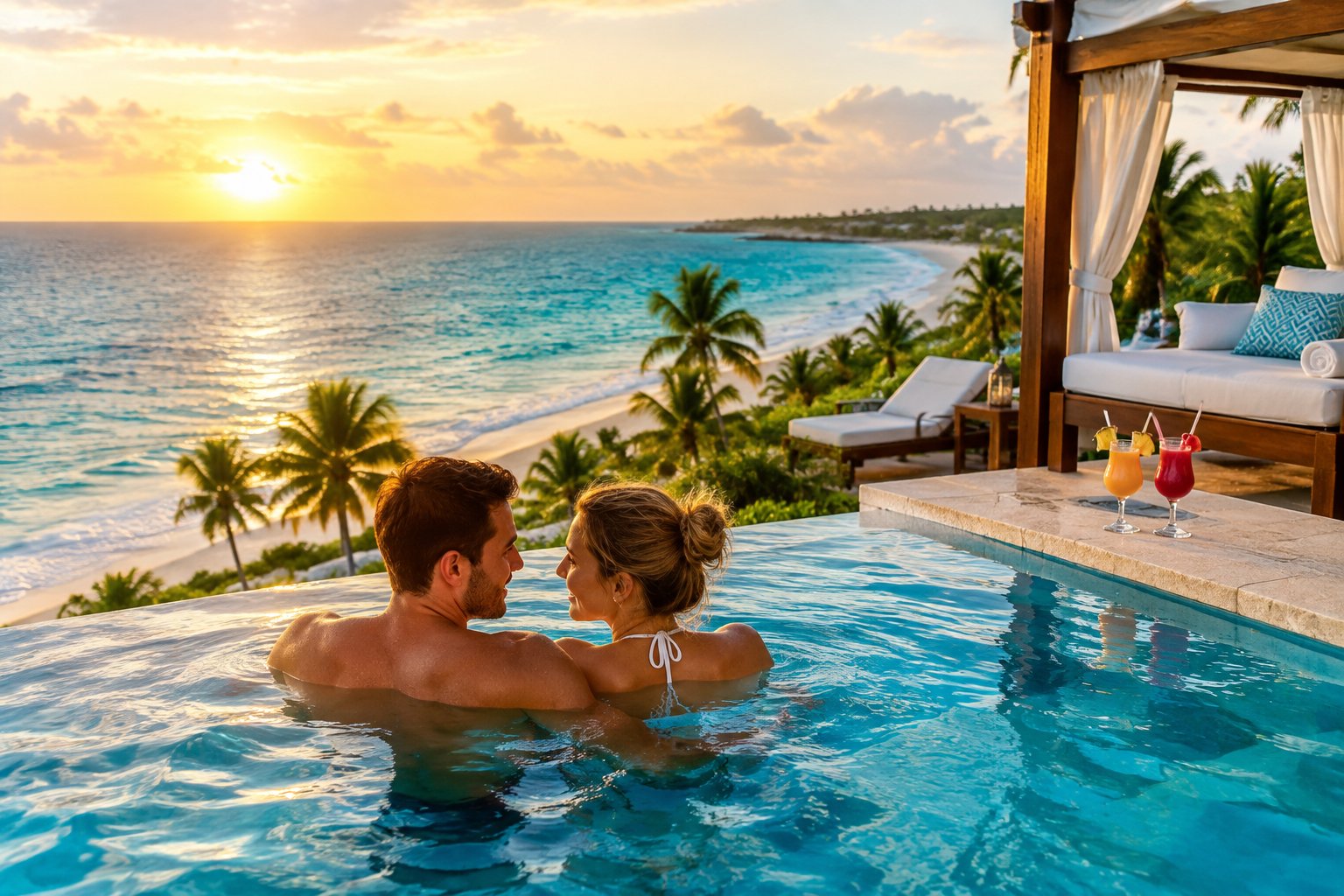 A couple relaxes in an infinity pool overlooking a tropical beach in Mexico.