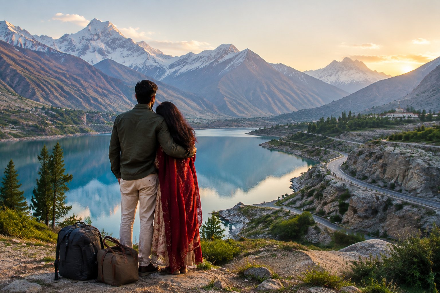 A newlywed couple looks out over a mountain lake in northern Pakistan.