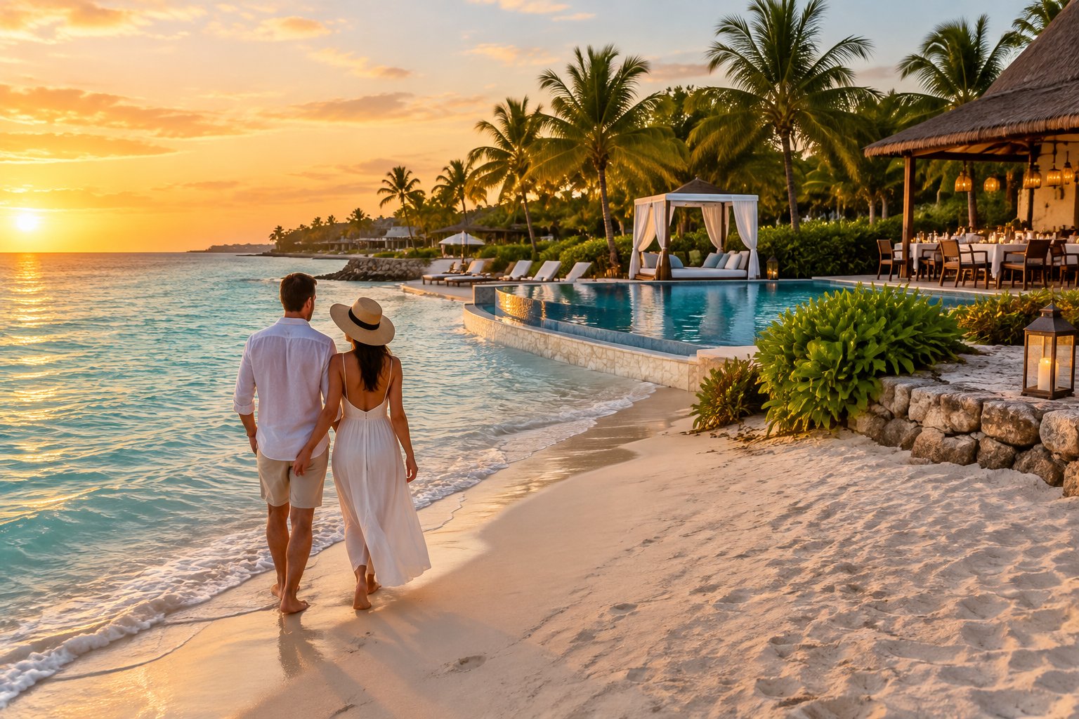 A couple walks along a tropical resort beach near an infinity pool and cabana.