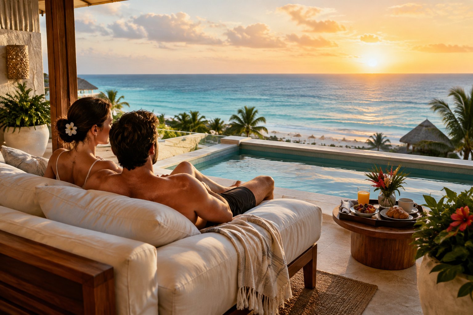 A couple relaxes on a private resort terrace overlooking the turquoise sea.