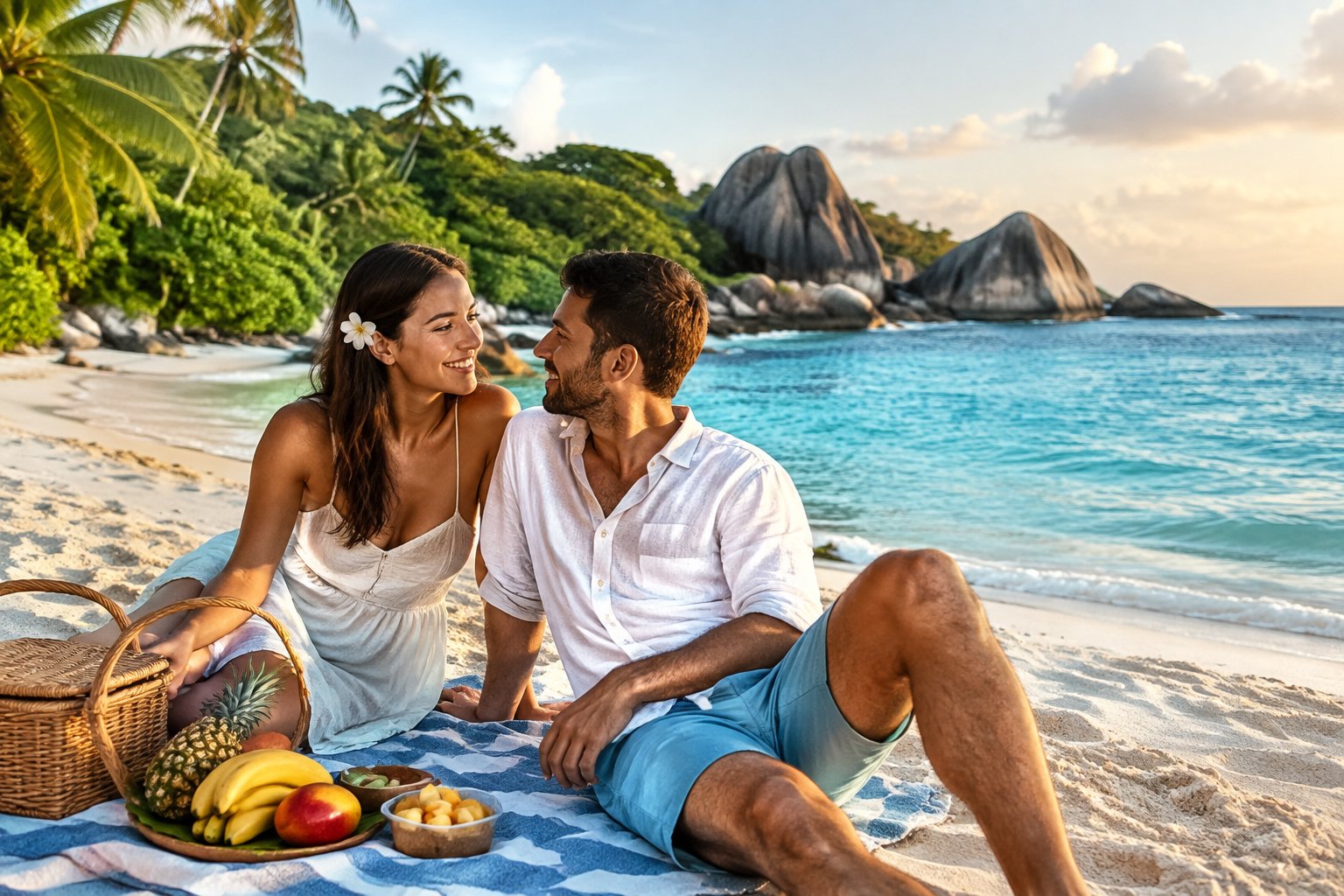 A newlywed couple shares a beach picnic beside the turquoise waters of the Seychelles.