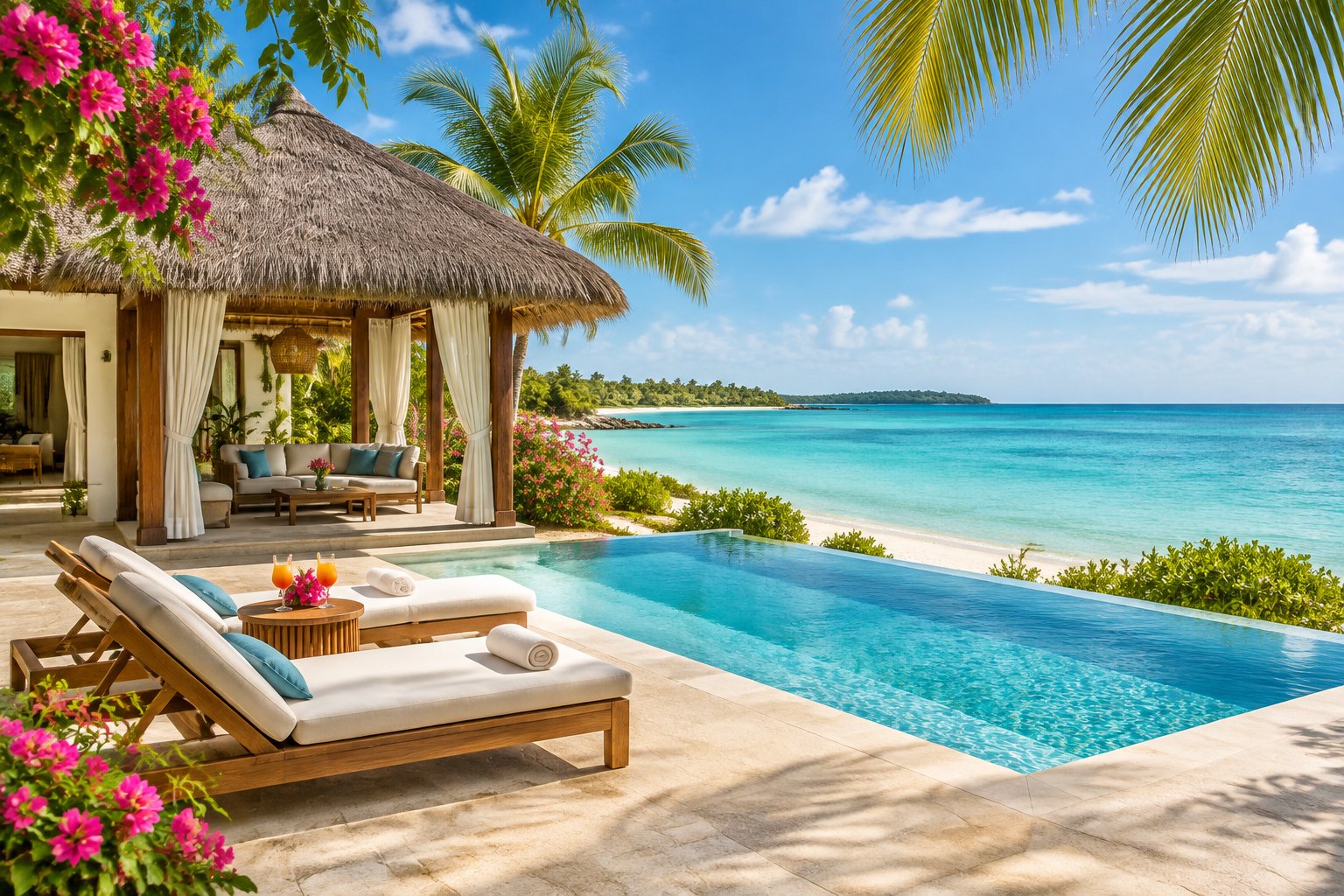 A secluded beachfront villa and infinity pool overlook turquoise water in the Bahamas.