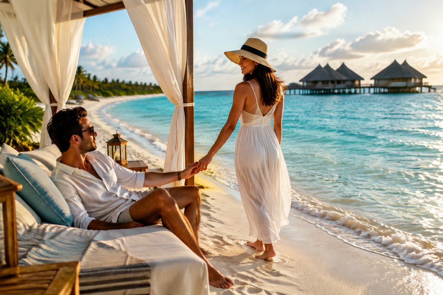 A couple enjoys a secluded beach beside a tropical resort in the Bahamas.