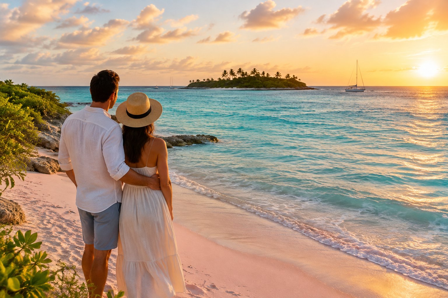 A couple stands on a pink-sand beach overlooking turquoise water and a palm-fringed island.