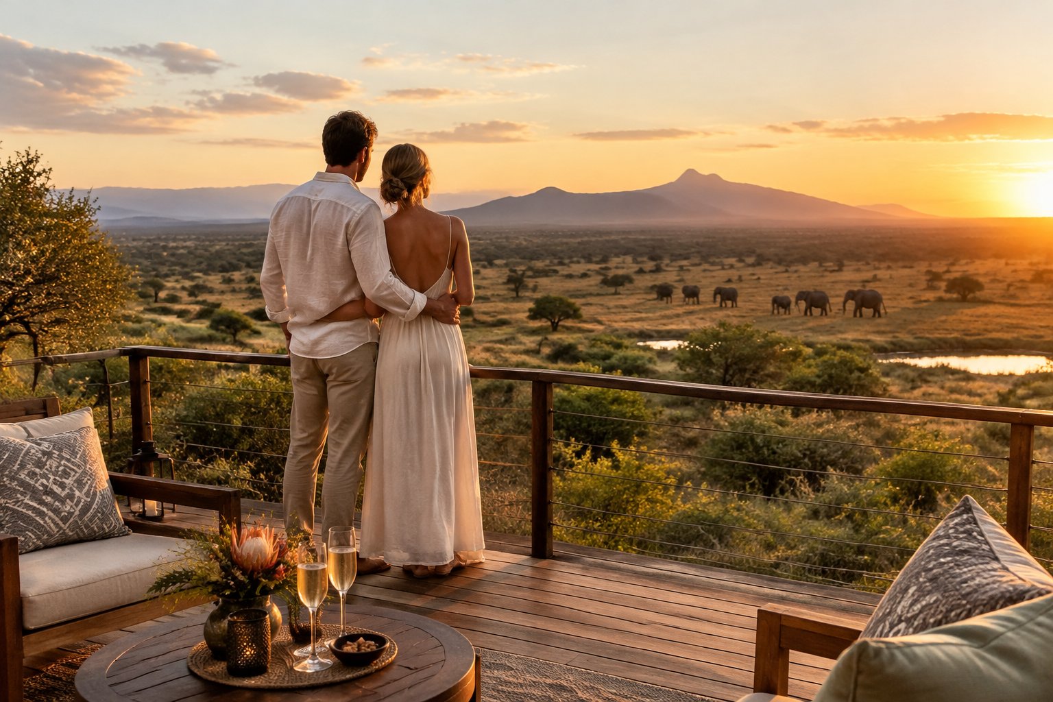 A newlywed couple watches elephants on the savanna from a safari lodge deck.