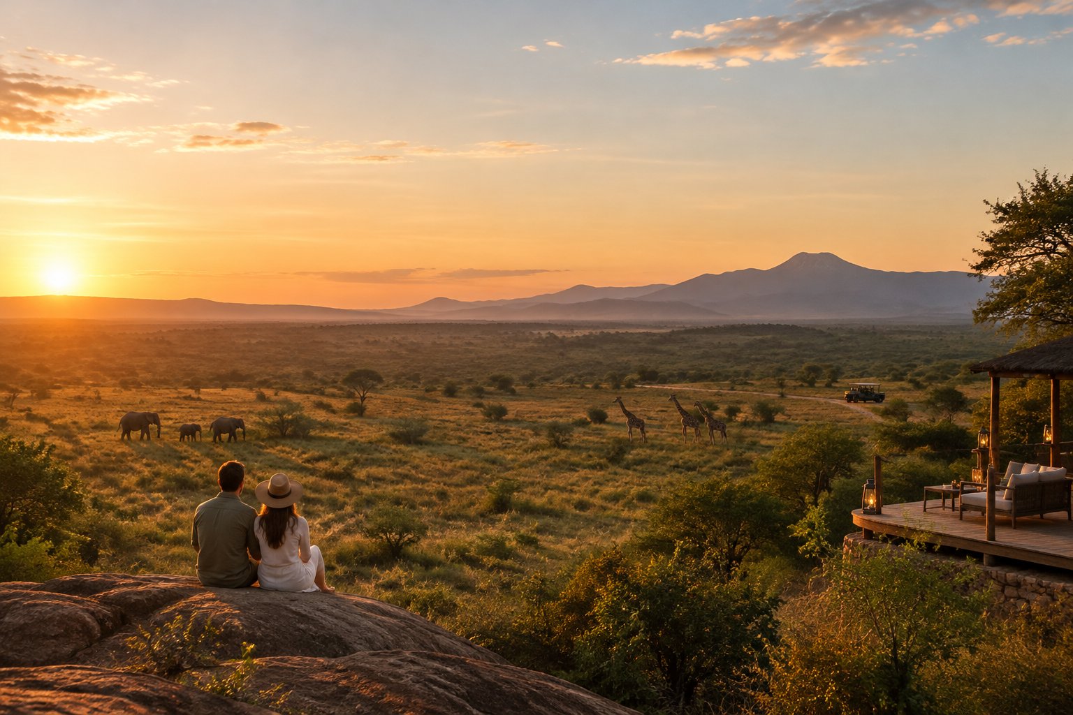 A couple watches elephants and giraffes on the African savanna at sunset.
