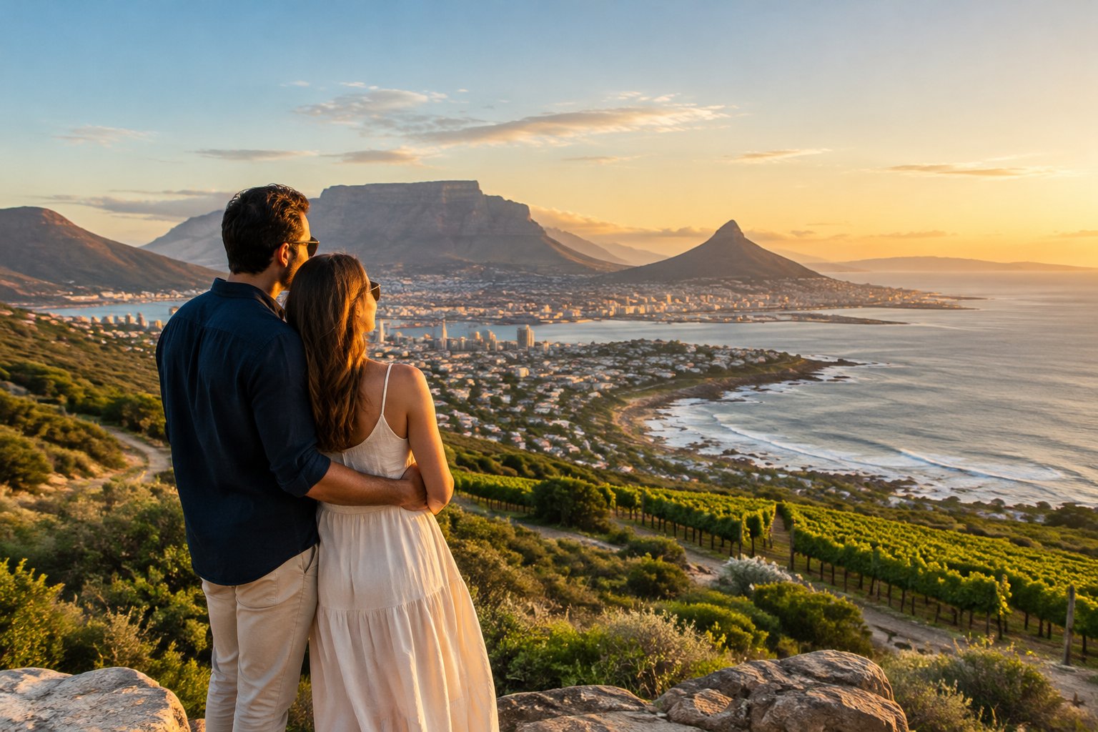 A couple stands together overlooking a South African coastline, vineyards, and distant city.