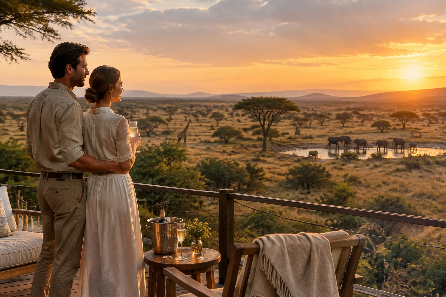 A newlywed couple watches elephants and giraffes across the savanna from a safari lodge terrace.