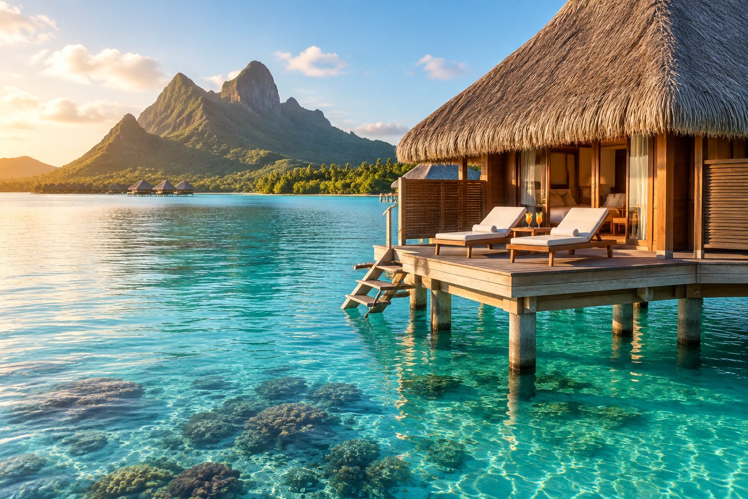 An overwater bungalow overlooks the turquoise lagoon and green mountains of Bora Bora.
