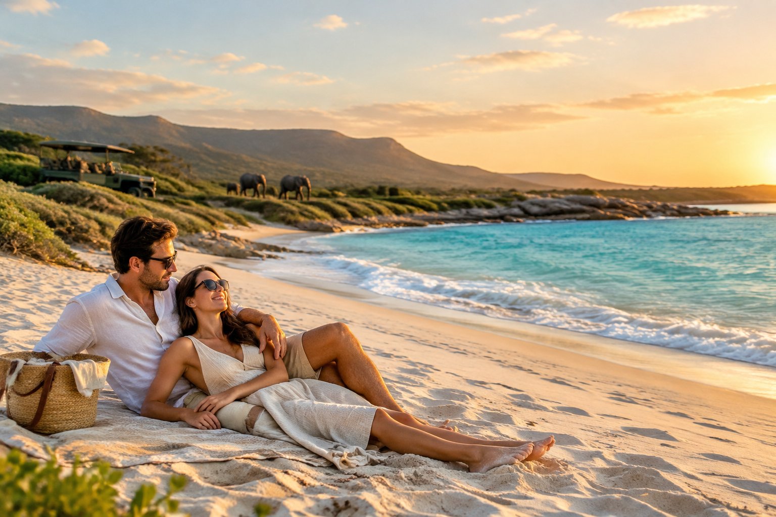 A couple relaxes on a sunny beach with a safari vehicle and elephants in the distance.