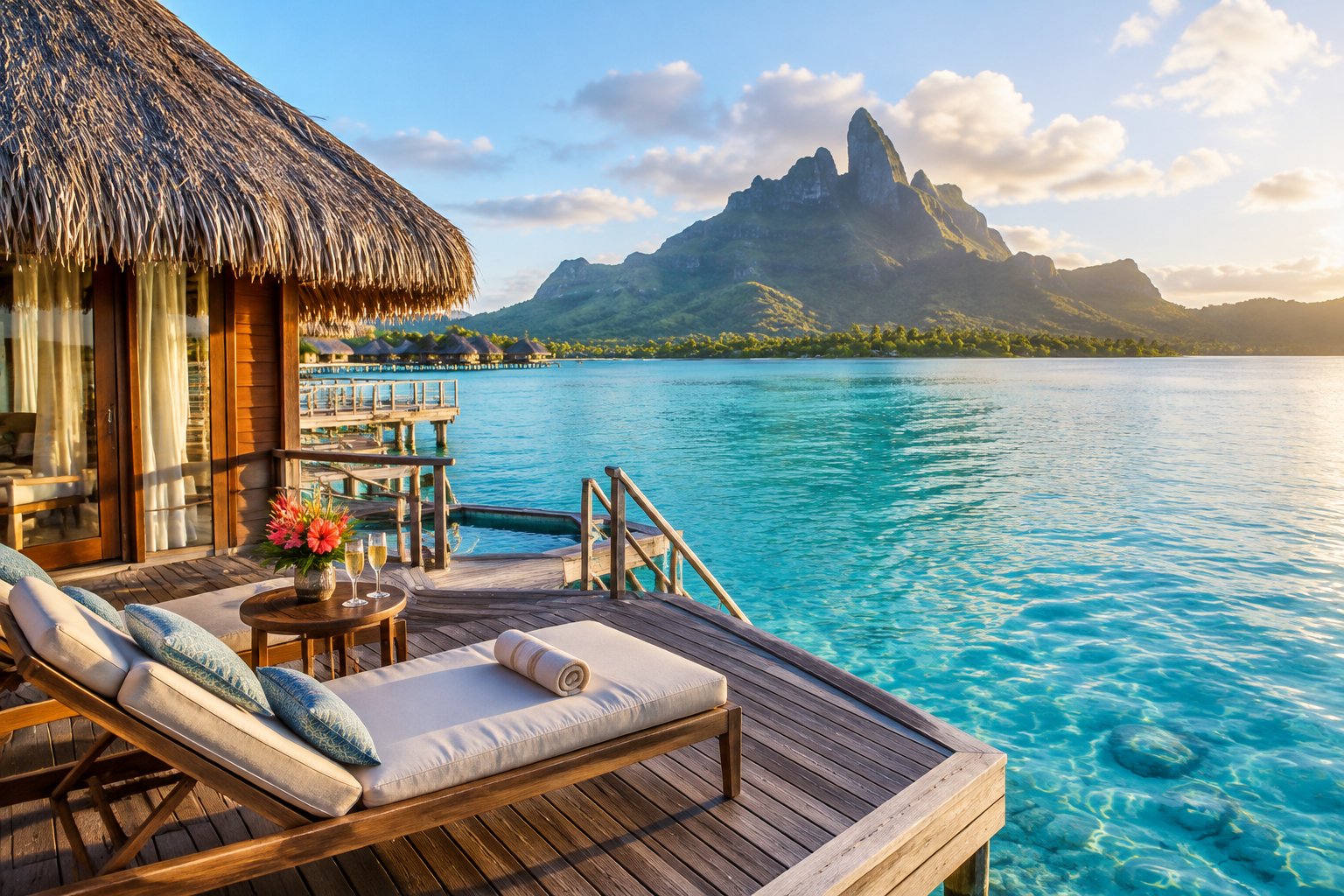 An overwater villa and lounge chairs beside the turquoise lagoon in Bora Bora.