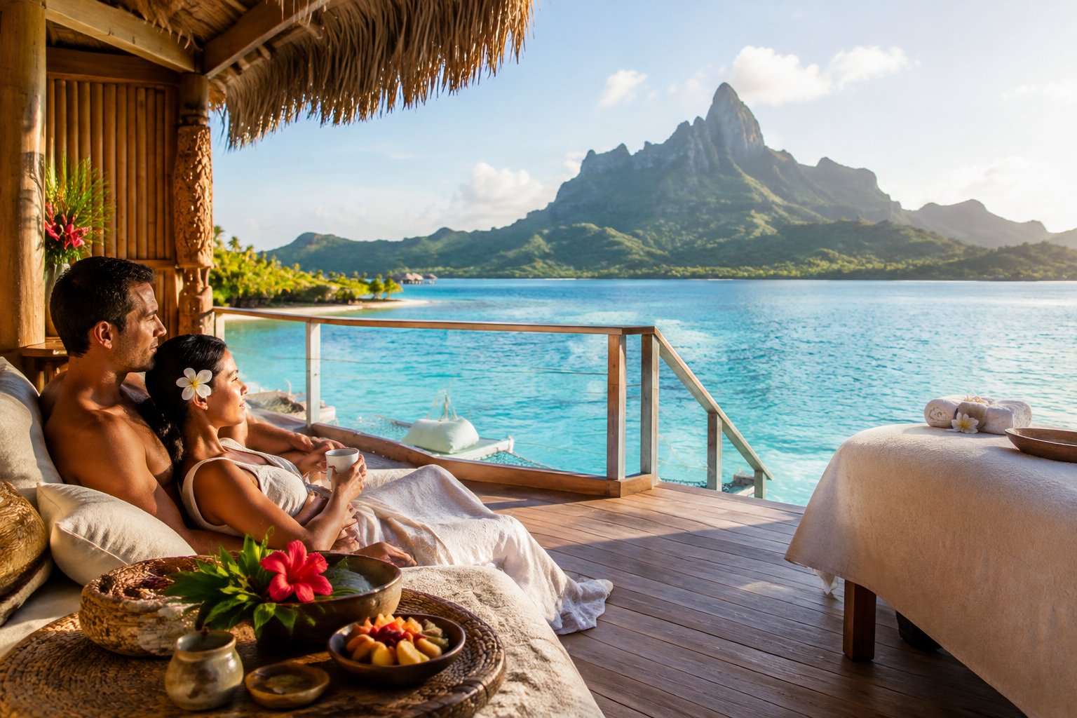A couple relaxes on an overwater bungalow deck overlooking Bora Bora’s lagoon and Mount Otemanu.
