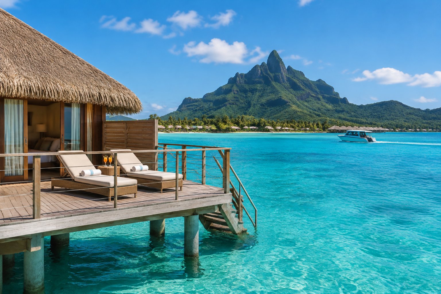 An overwater bungalow overlooks Bora Bora’s turquoise lagoon, green mountains, and a boat heading toward the island.