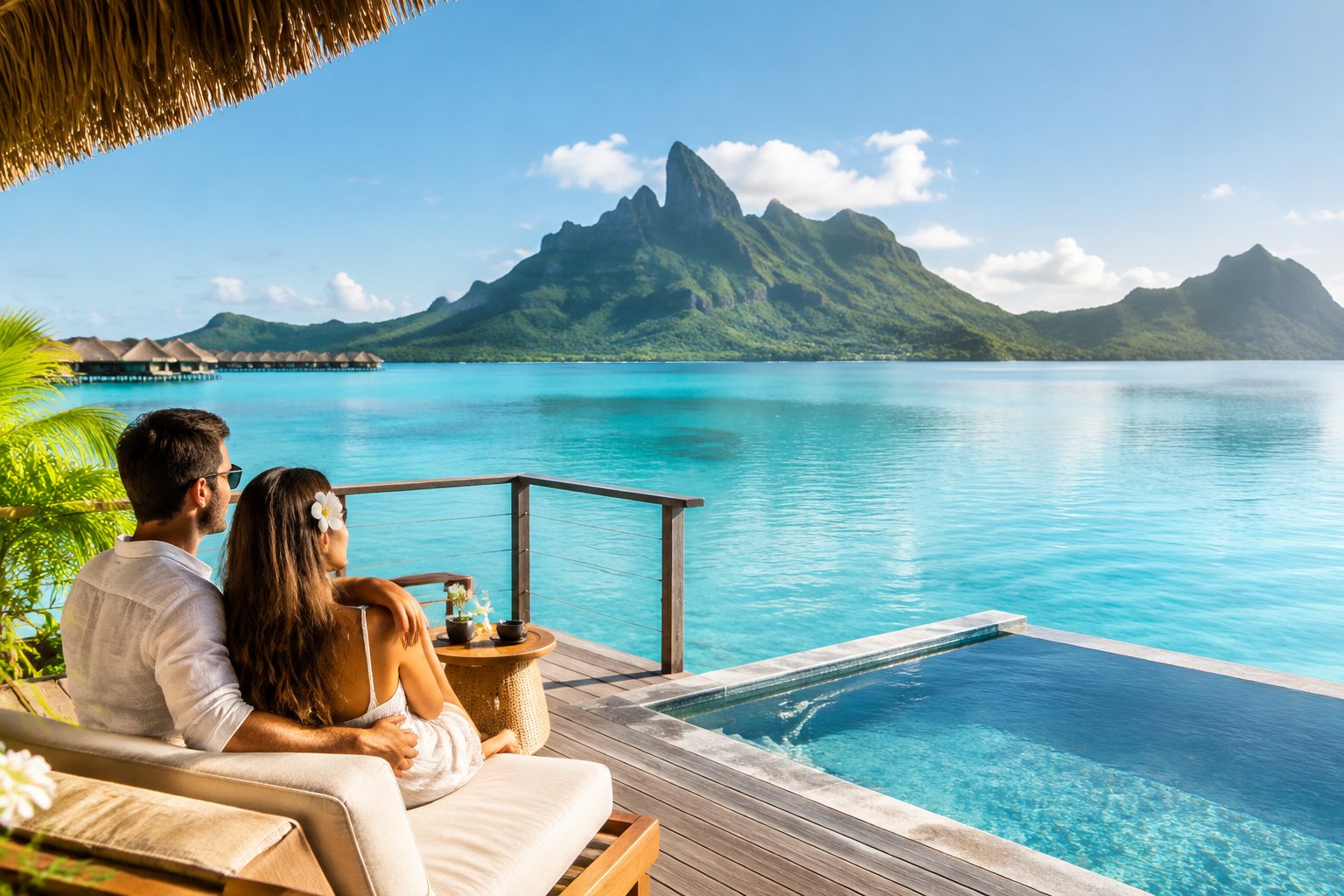 A couple relaxes on an overwater bungalow deck overlooking Bora Bora’s turquoise lagoon and Mount Otemanu.