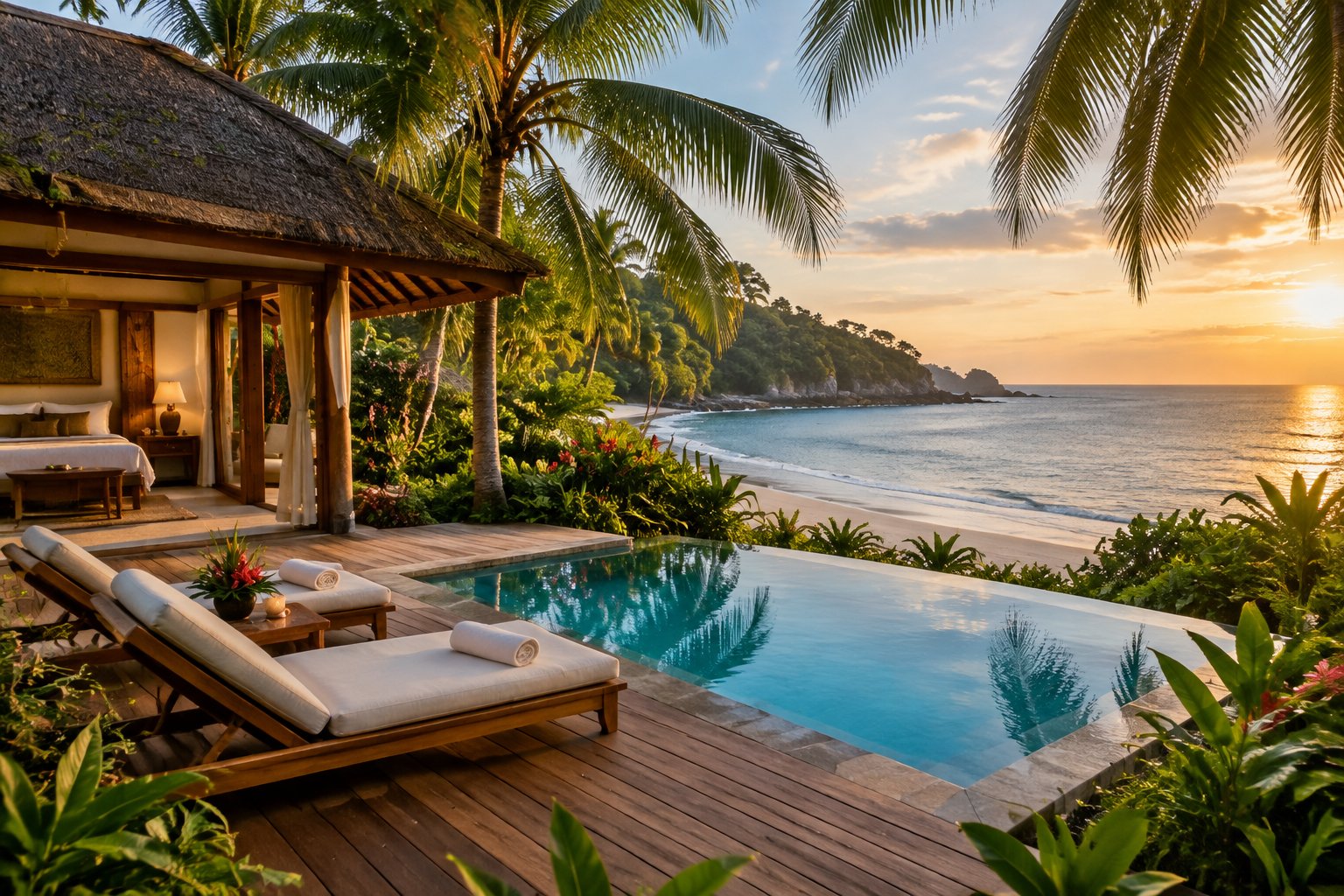 A tropical bungalow and infinity pool overlook a quiet beach in Costa Rica.