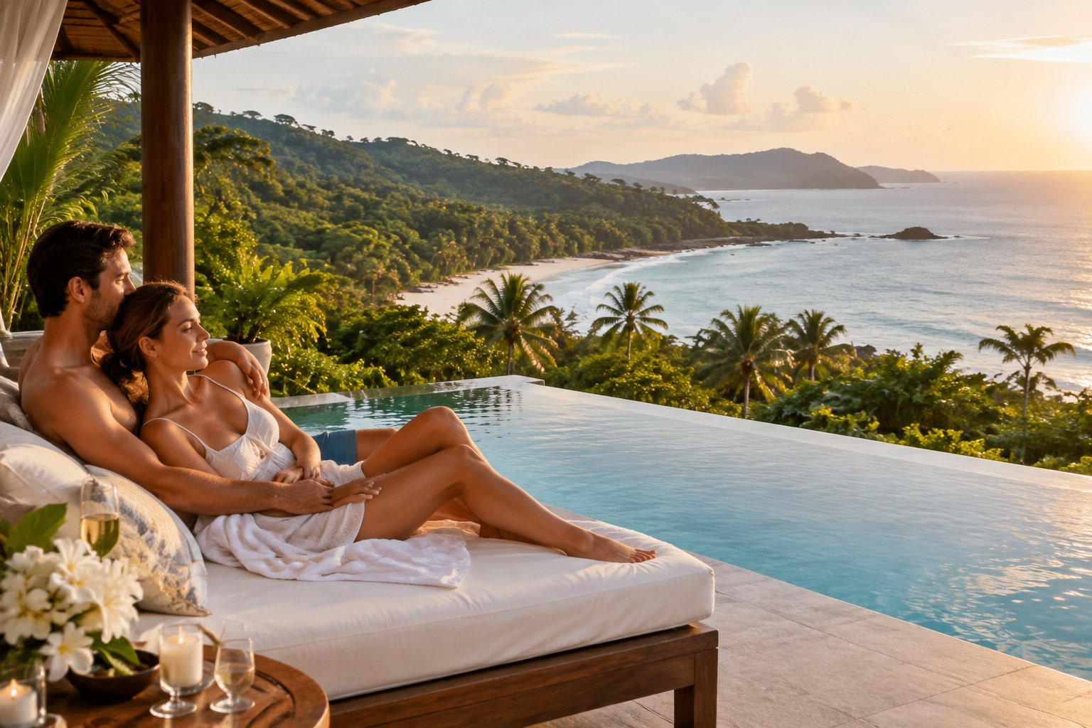 A couple relaxes on a resort terrace overlooking Costa Rica’s tropical coastline.