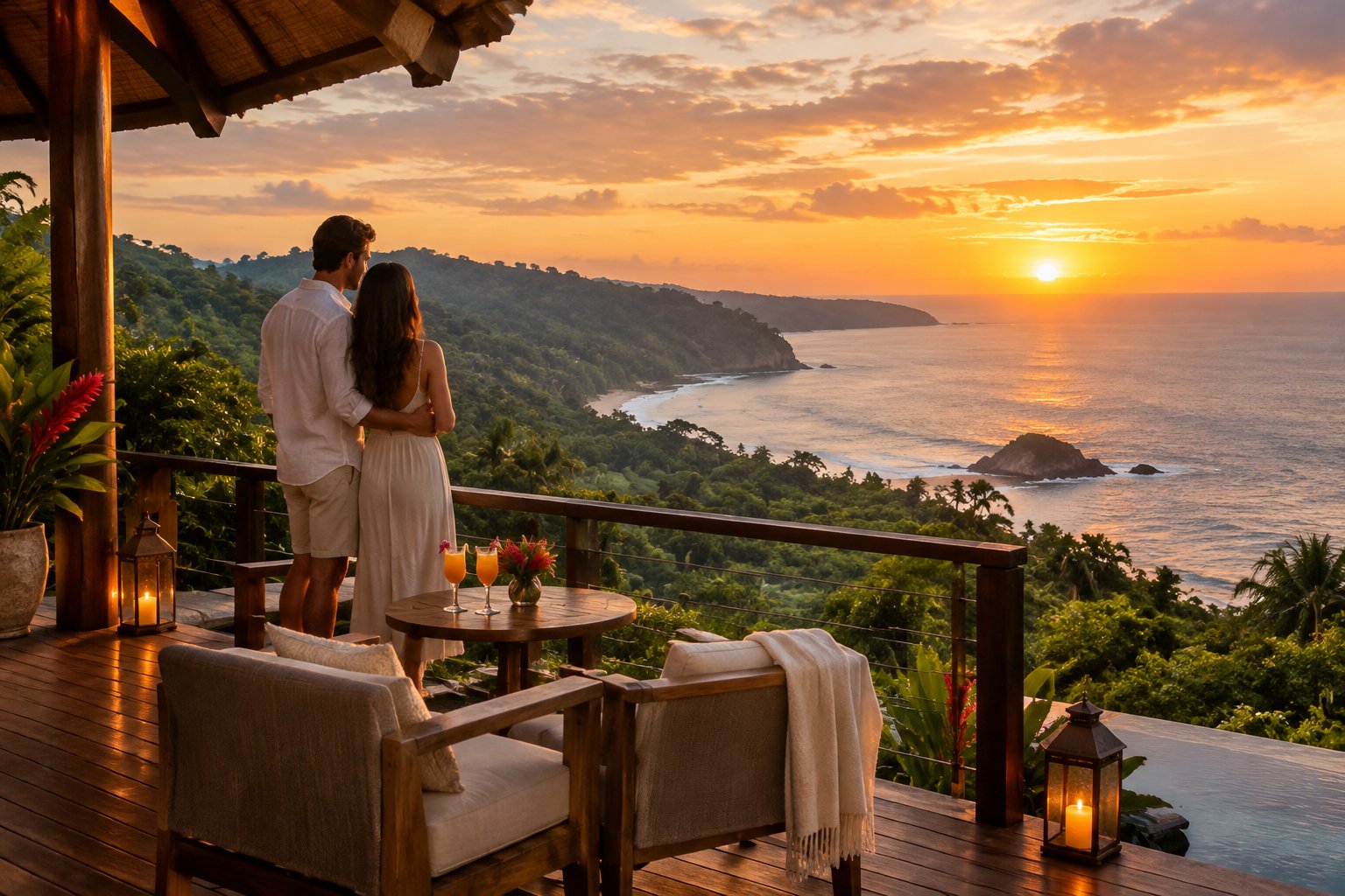 A couple watches the sunset over the Costa Rican coast from a tropical resort terrace.