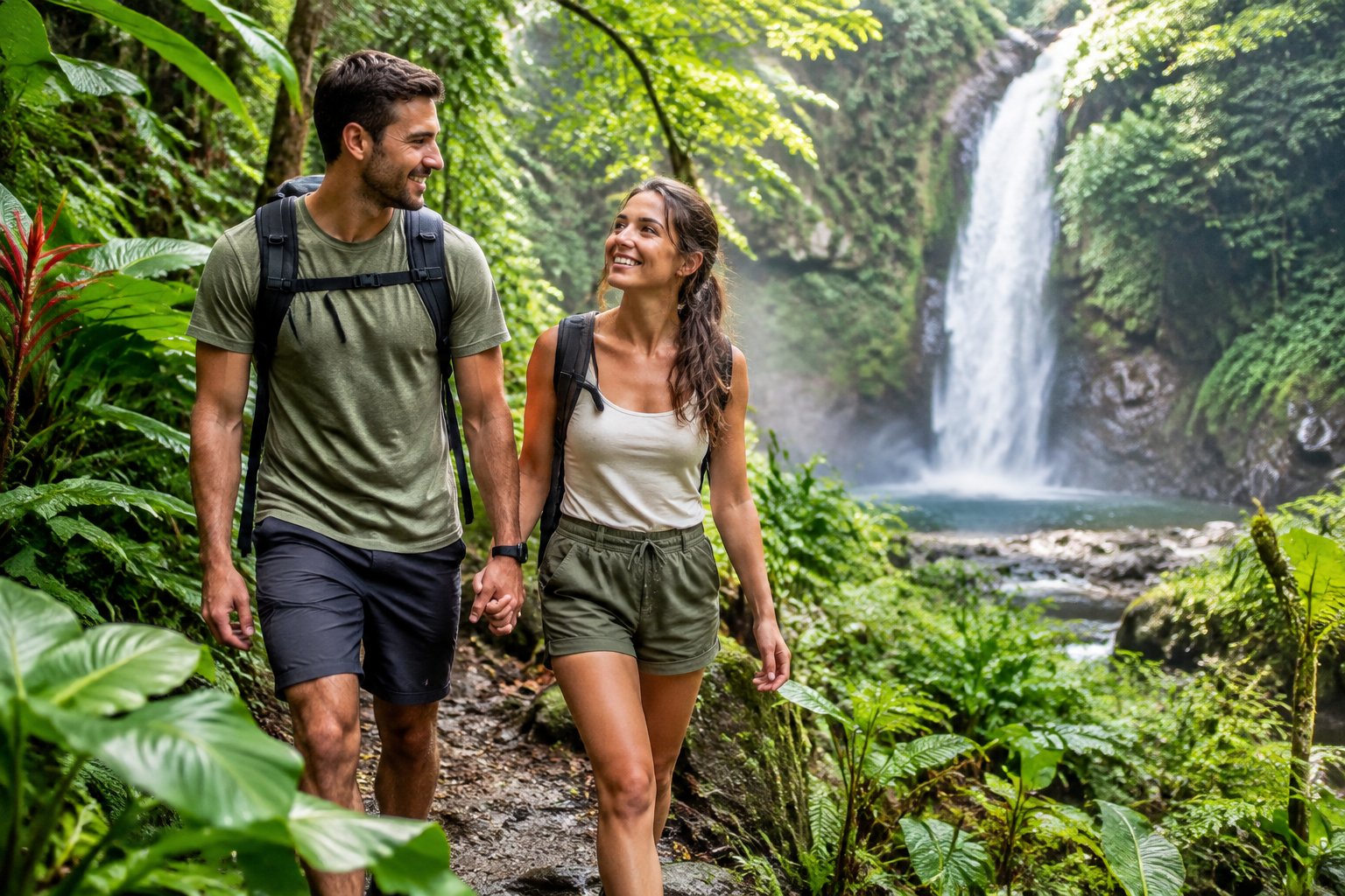 A couple walks hand in hand along a rainforest trail toward a waterfall.