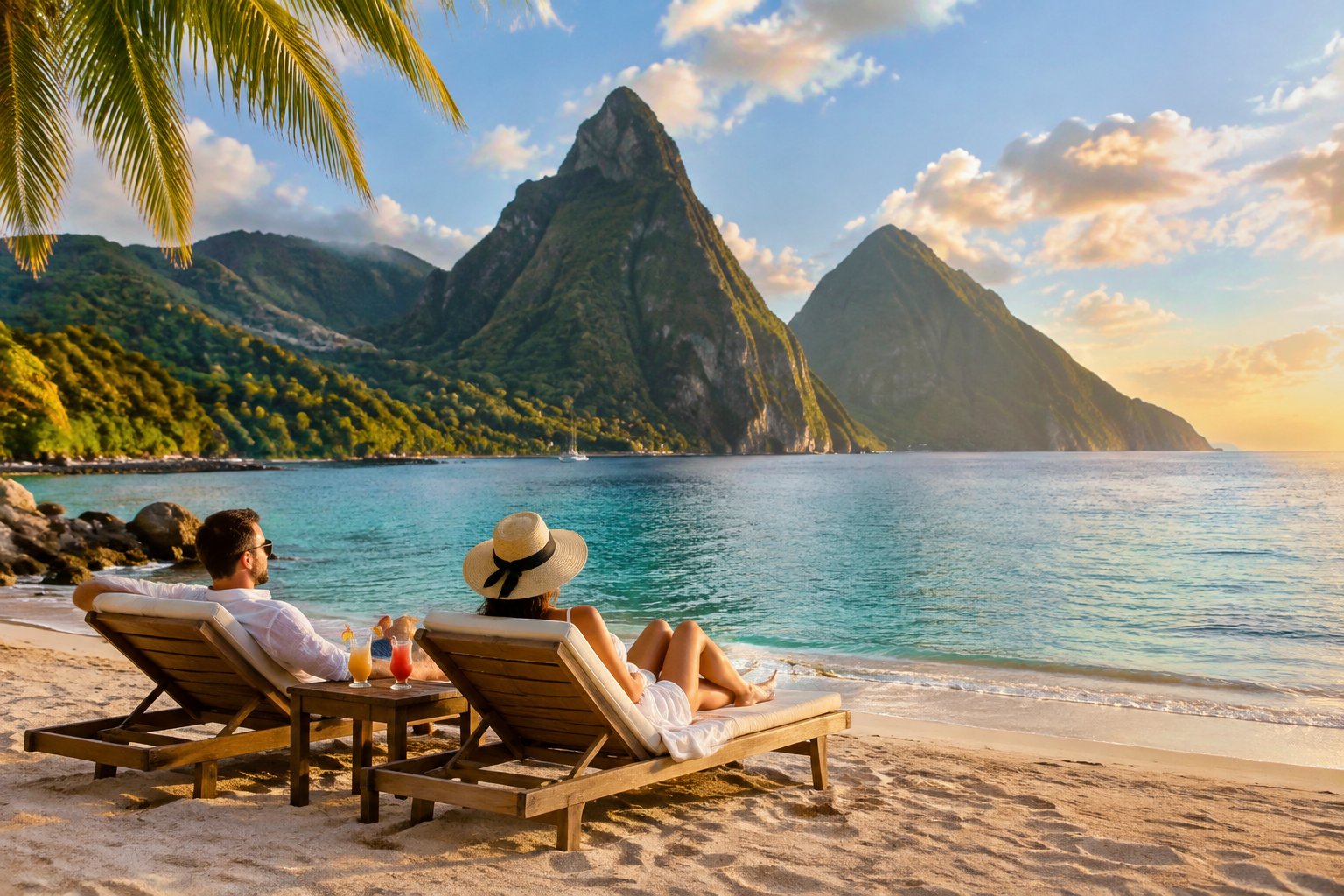 A couple relaxes on a St. Lucia beach with the Pitons in the distance.