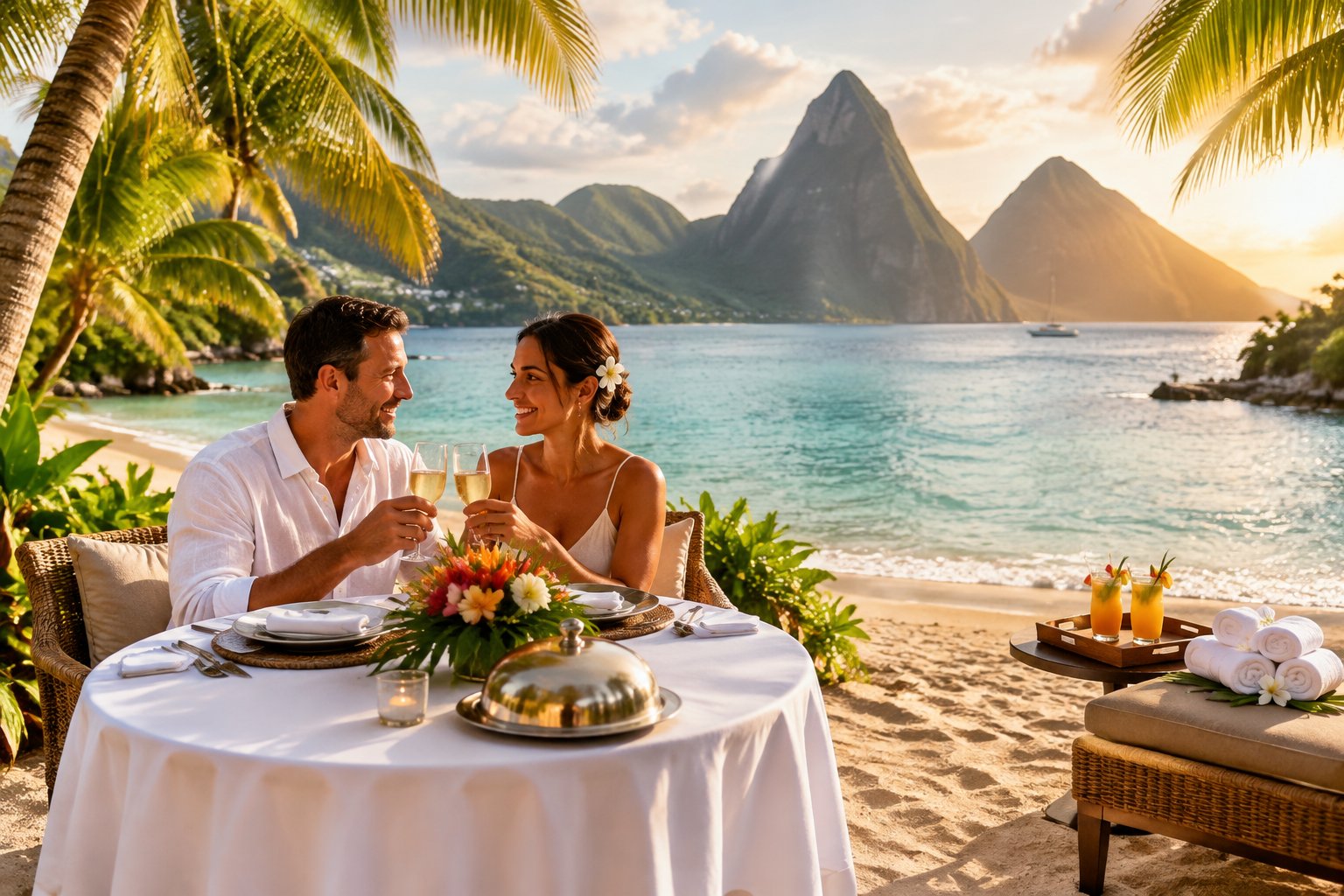 A couple shares a private beachside dinner at a tropical St. Lucia resort.