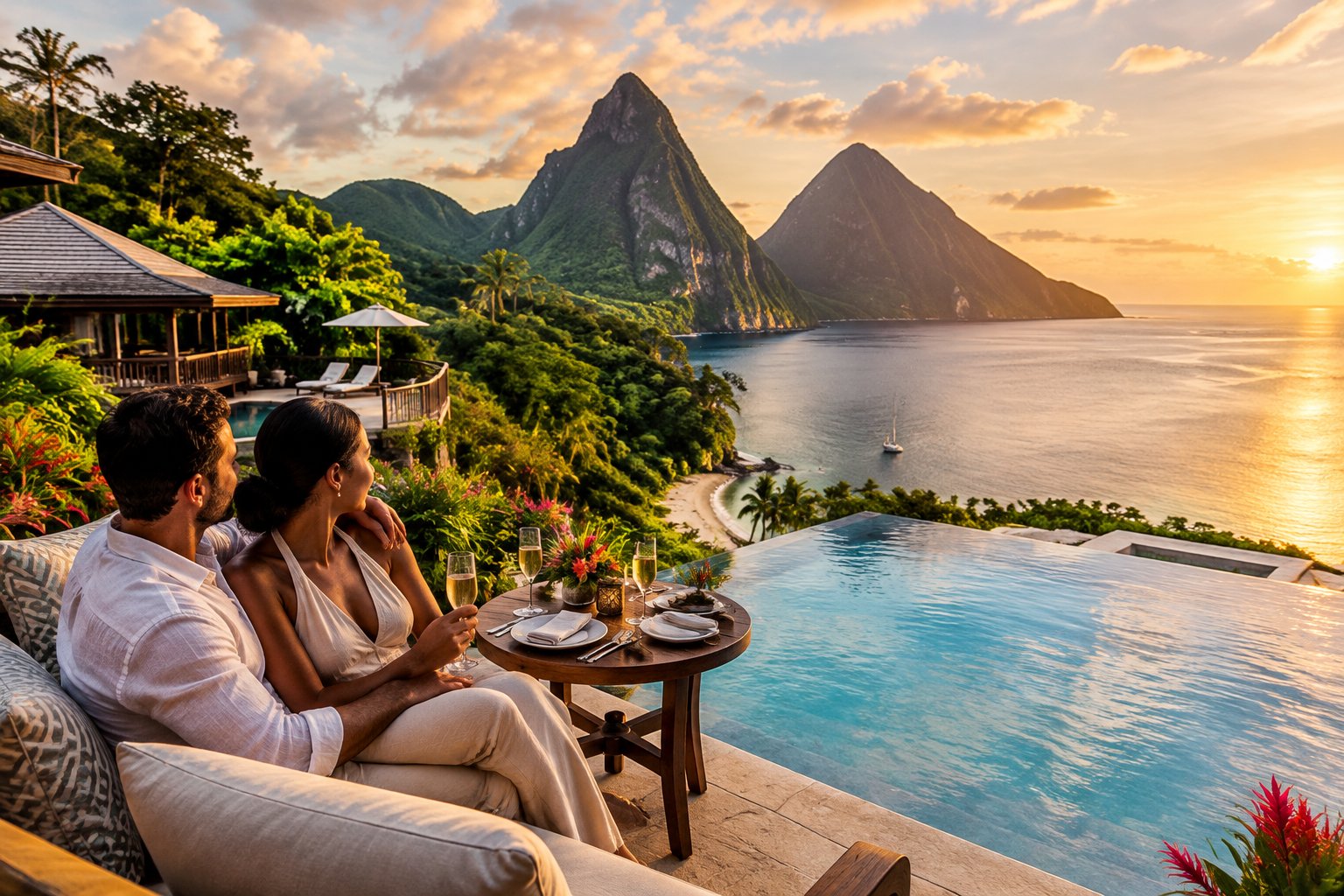 A couple relaxes on a resort terrace overlooking the sea and St. Lucia’s Piton mountains.