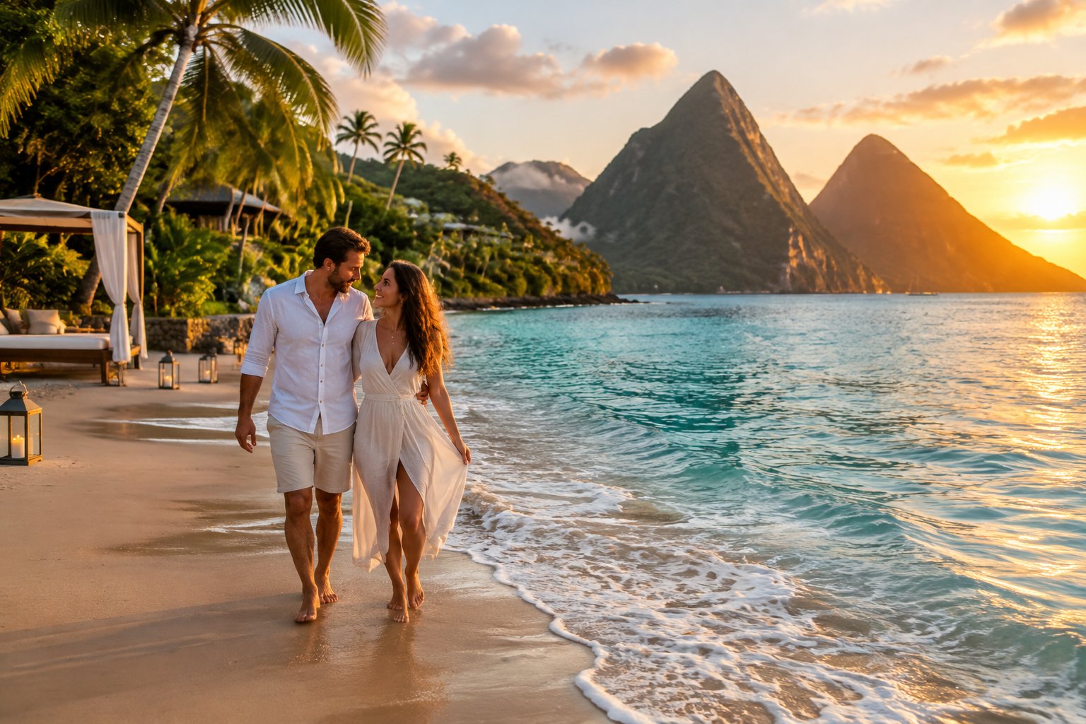 A newlywed couple walks along a tropical beach with the Pitons in the distance.