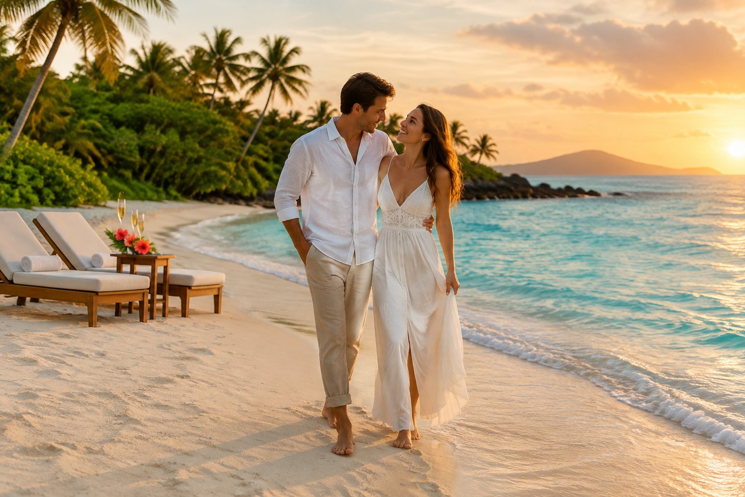 A newlywed couple walks along a tropical beach at sunset.