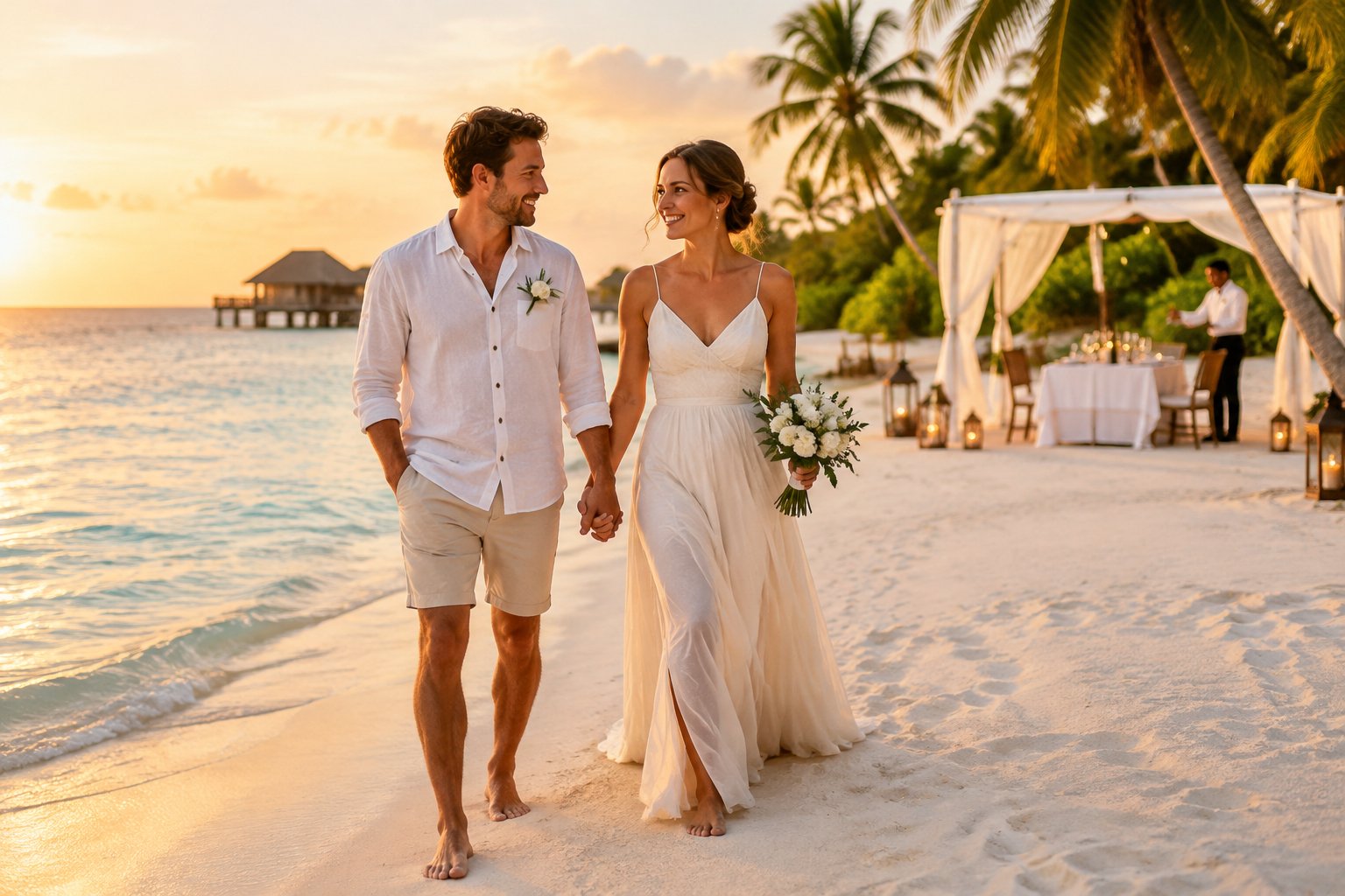 A newlywed couple walks together along a tropical beach near a romantic resort dining setup.