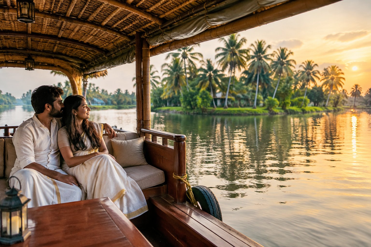 A newlywed couple sits together on a houseboat amid Kerala’s palm-lined backwaters.