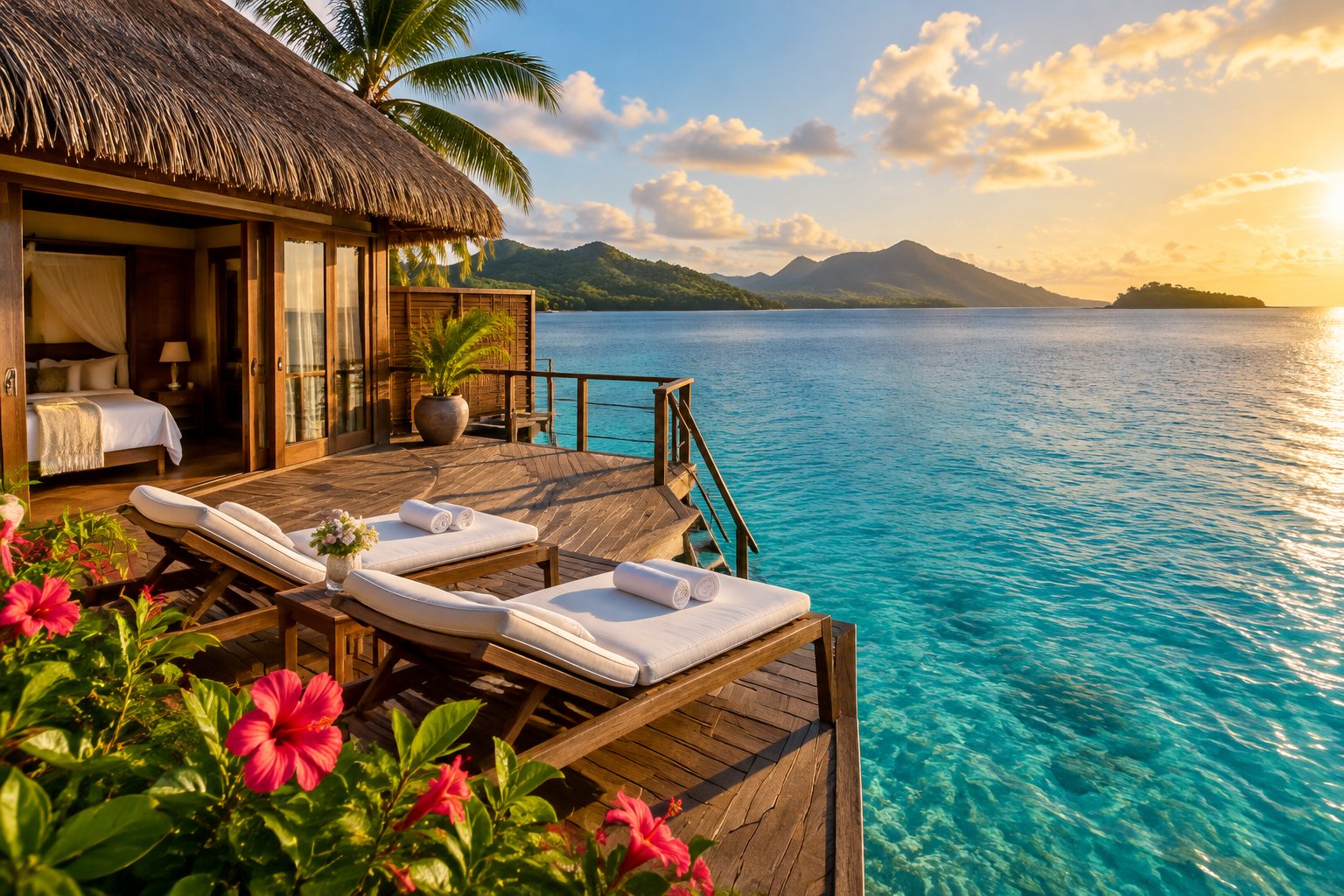 An overwater bungalow with a private deck overlooks calm turquoise water and tropical islands.